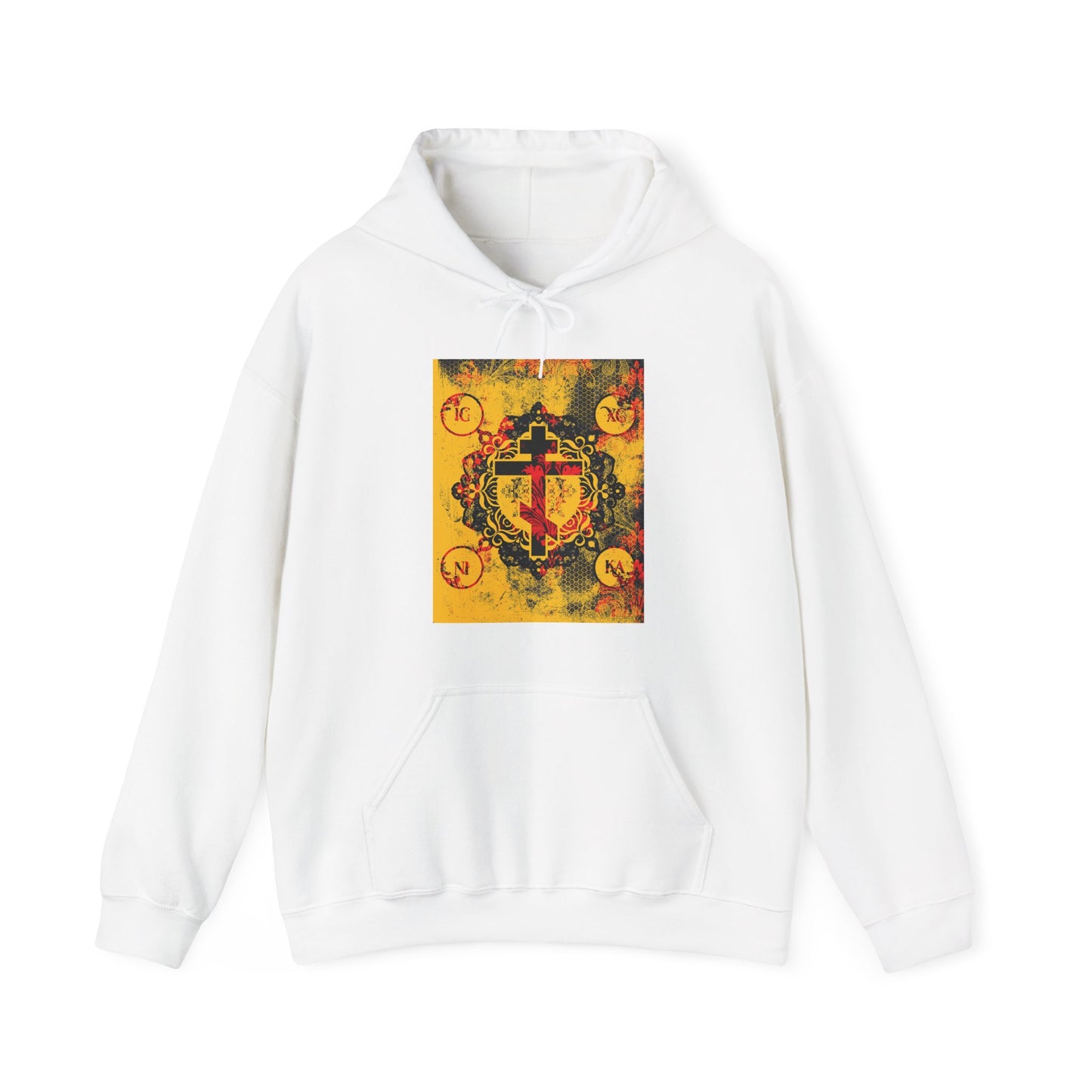 IC XC NIKA Orthodox Cross | Yellow & Red Modern & Medieval Textured Floral Design | Orthodox Christian Hoodie