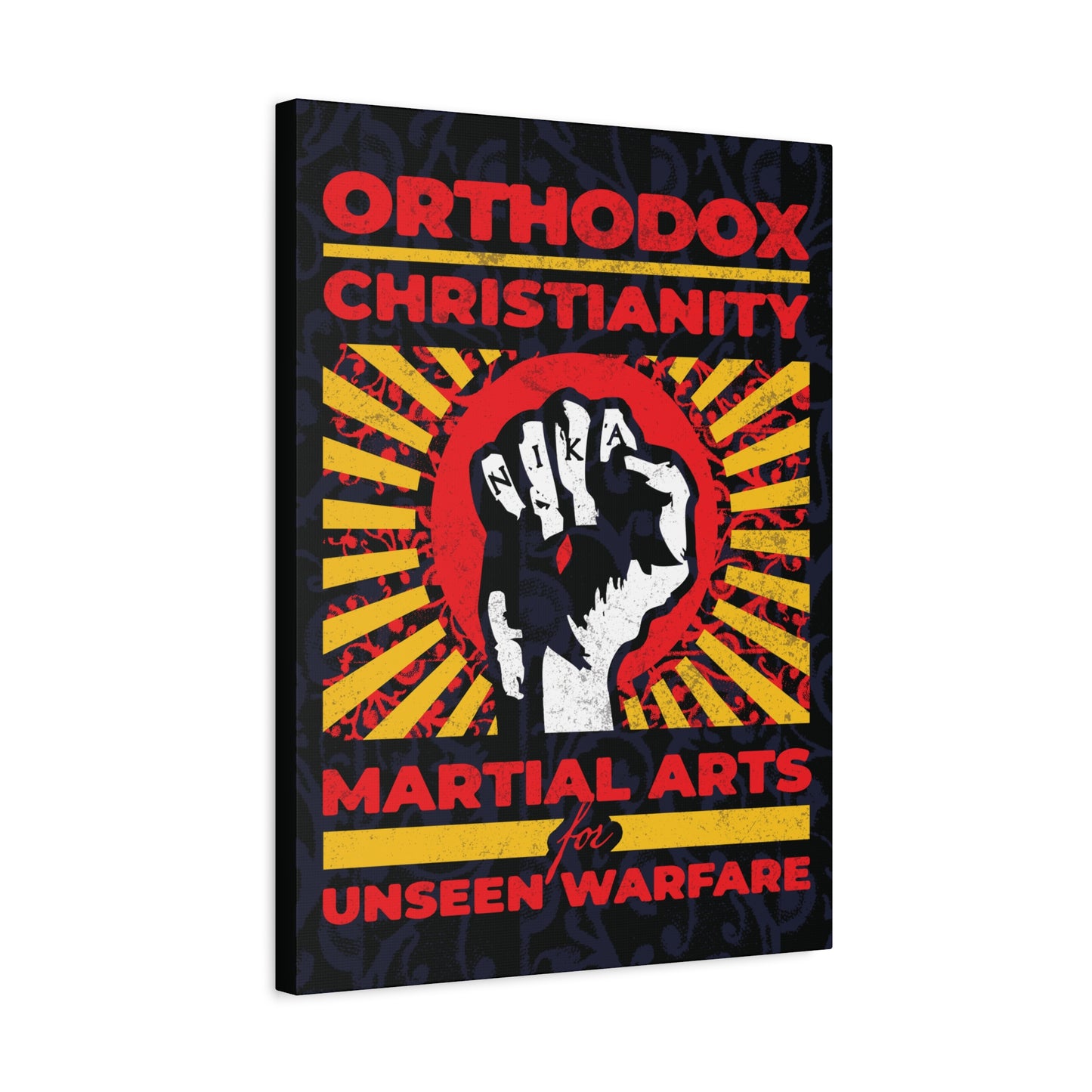 Orthodox Christianity: Martial Arts for Unseen Warfare | NIKA Jesus Fist on Colorful Sunburst Design | Orthodox Christian Canvas Art