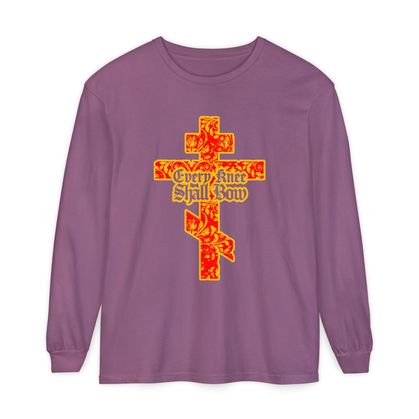 Show your faith with the Every Knee Shall Bow long sleeve, featuring a gold and red floral Orthodox cross and bold Gothic lettering inspired by Isaiah 45:22-24 and Philippians 2:7-11, declaring Jesus Christ as Lord.