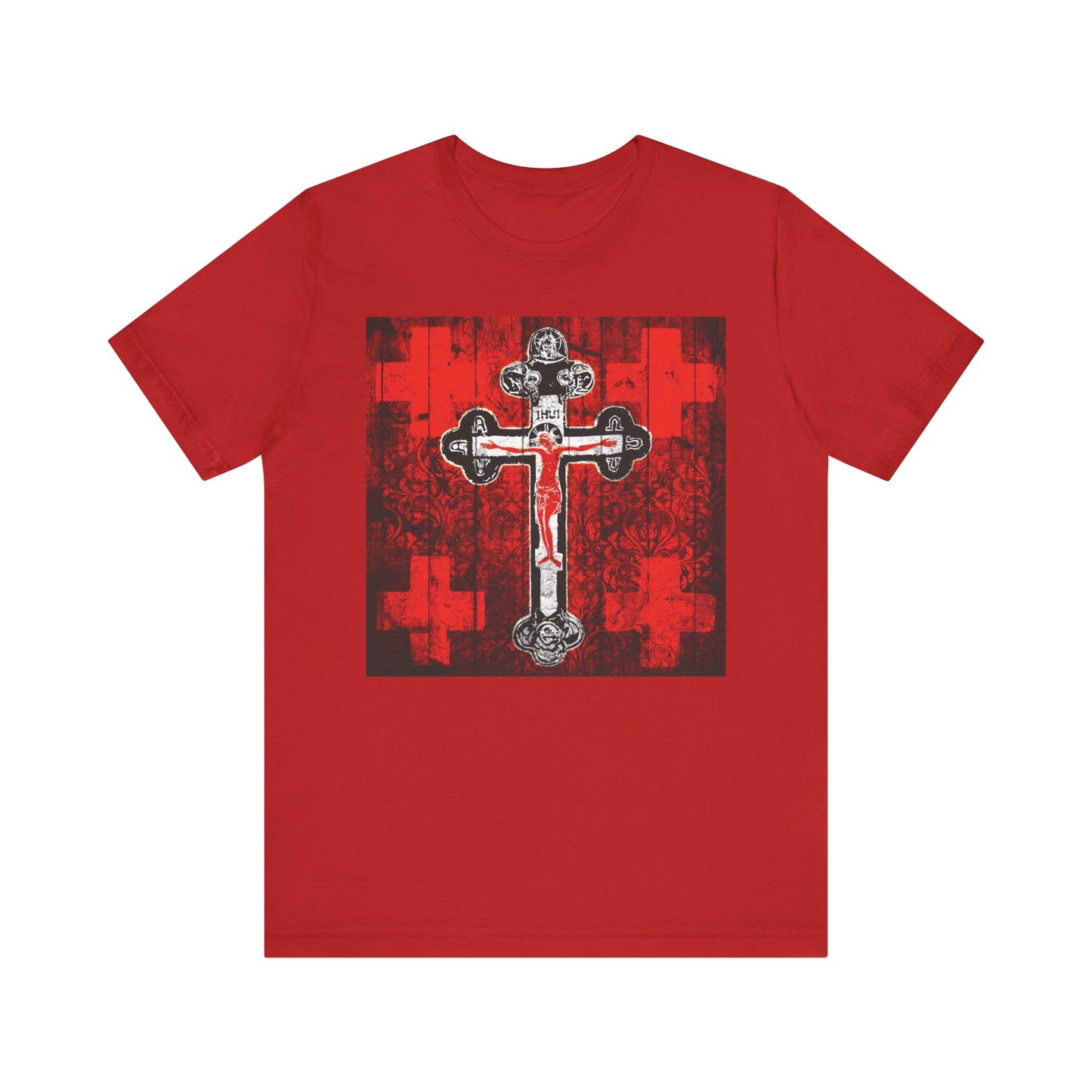 Red Alpha & Omega Art Cross tee featuring a detailed black and white Jesus Christ Crucifix Orthodox iconographic design on a distressed red background. Lightweight unisex cotton, ideal for Christian wear.