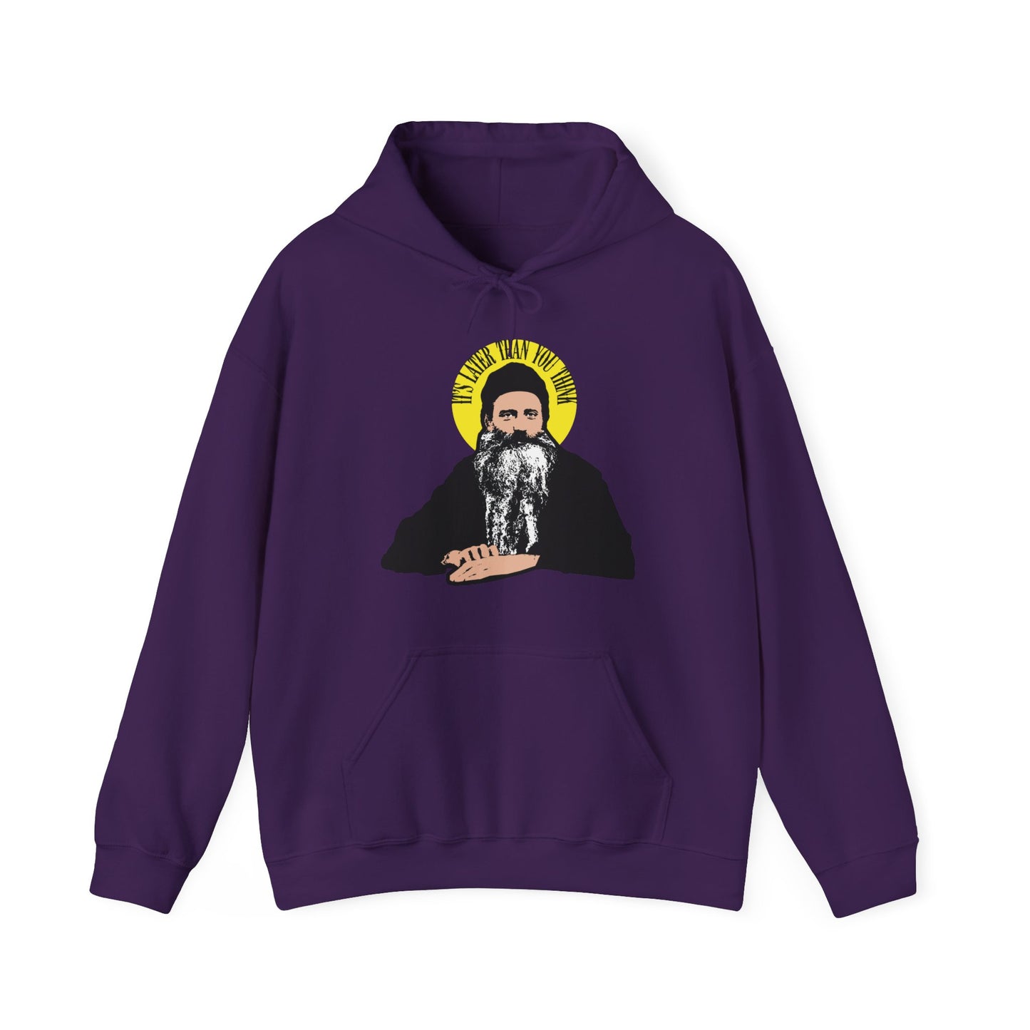 Purple hoodie with "It's Later Than You Think" and Fr Seraphim Rose quote in a yellow halo. Modern American Orthodox Christian saint-inspired design.