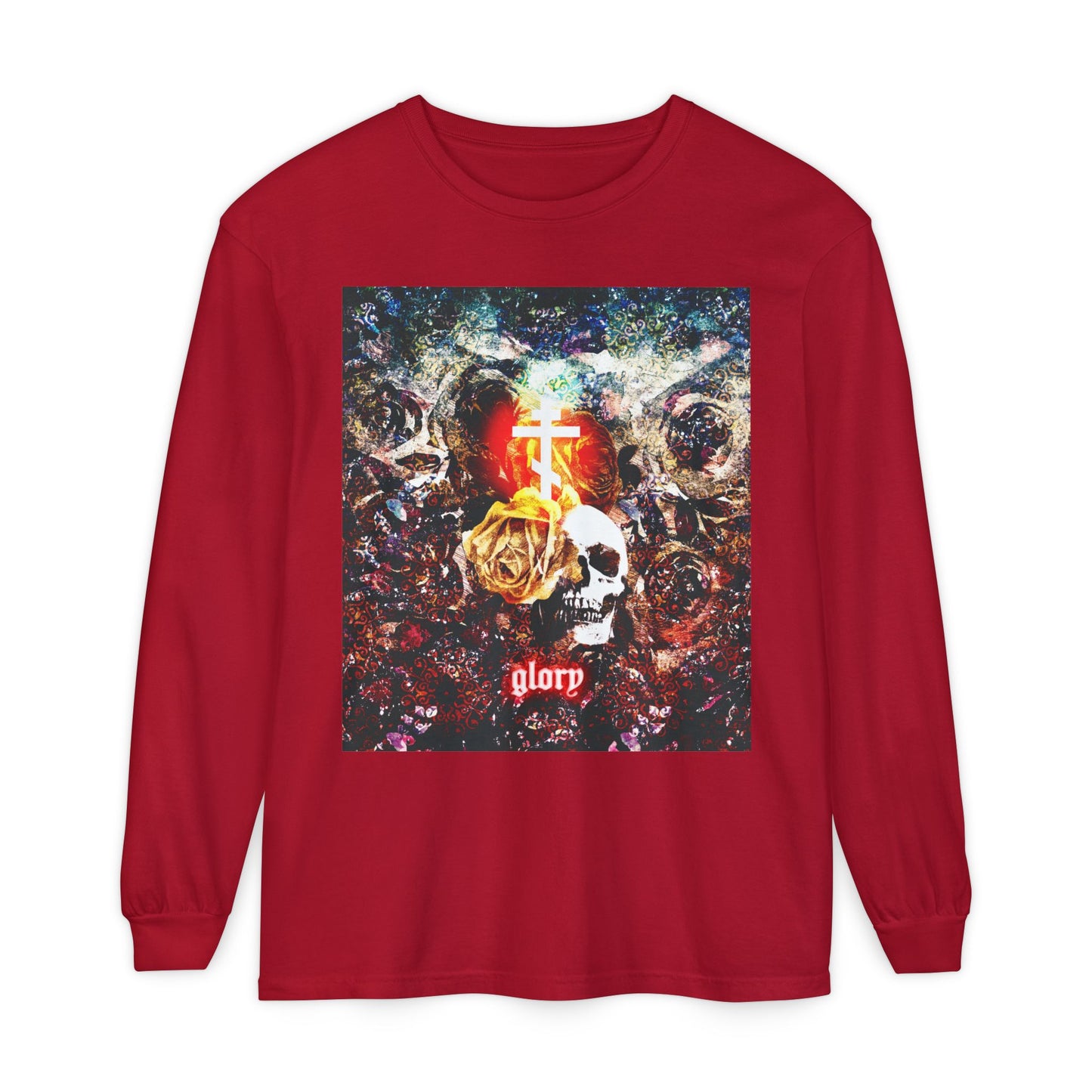 Now the Son of Man is Glorified (John 13:31) | Skull and Floral Glowing Cross Design | Orthodox Christian Long Sleeve Shirt