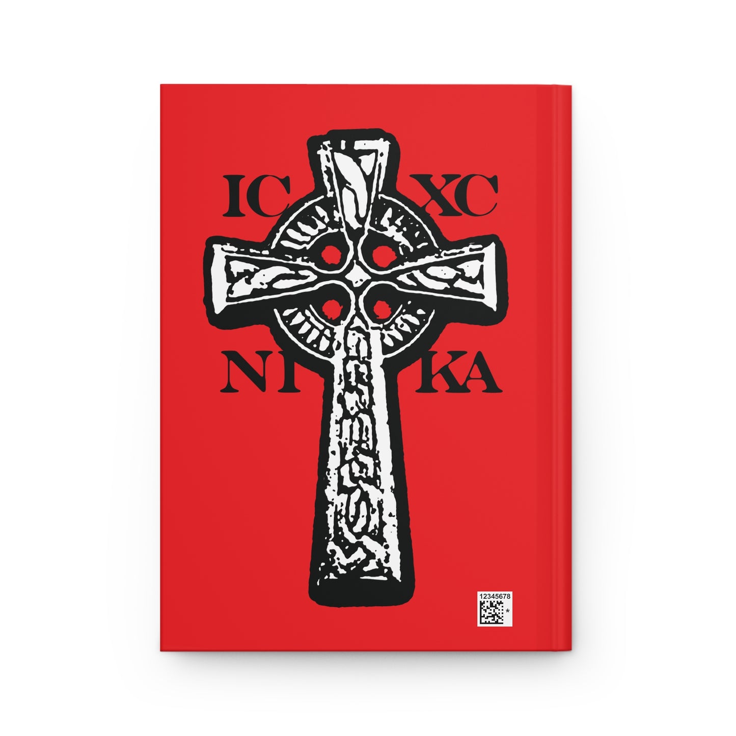 The ICXC NIKA Celtic Knotwork Cross features a black and white cross on a red background with Greek letters—symbolizing "Jesus Christ Conquers"—on this traditional Orthodox Christian blank journal.