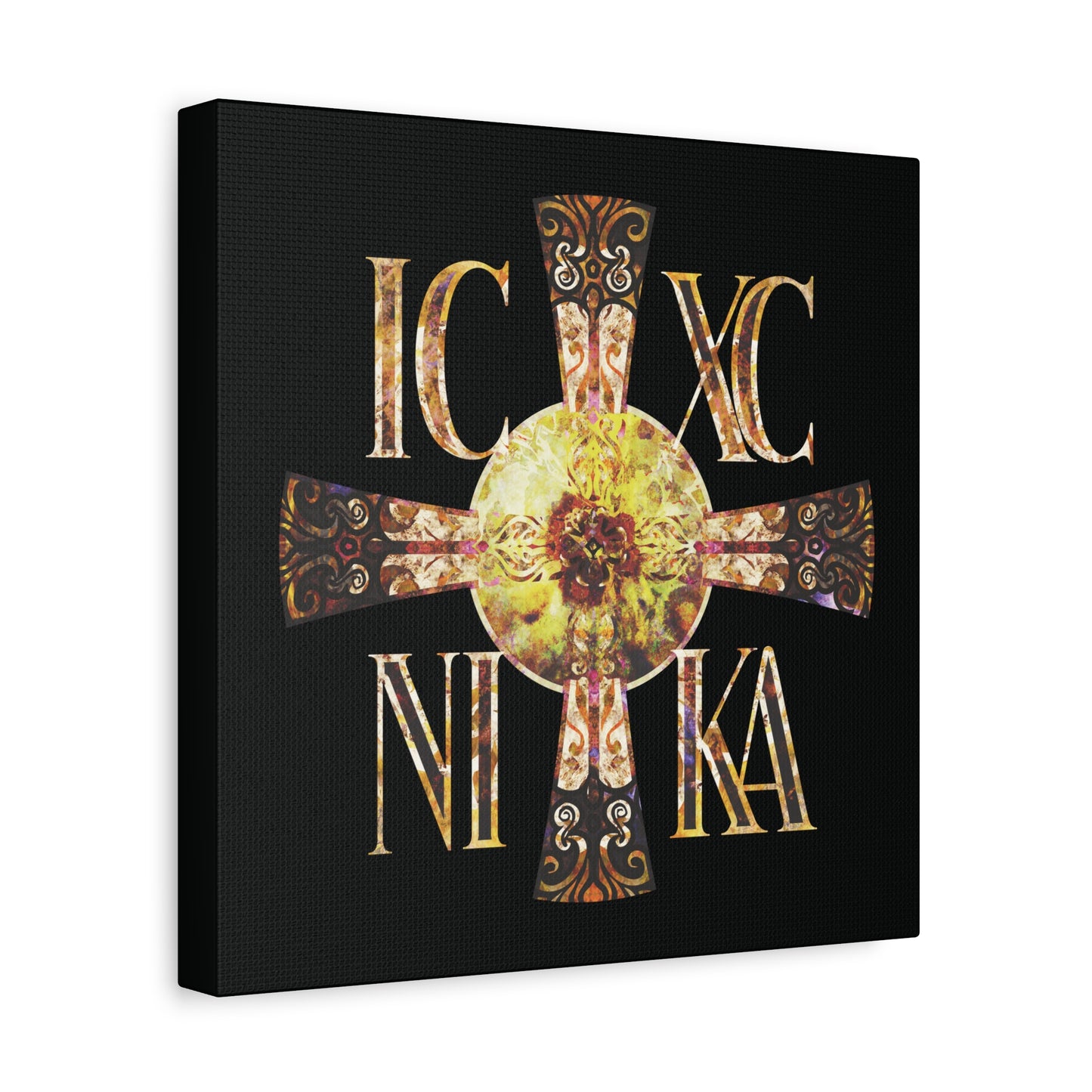 ICXC NIKA Celtic Style Equal Armed Cross | Bright Solar Texture | Orthodox Christian Canvas Art