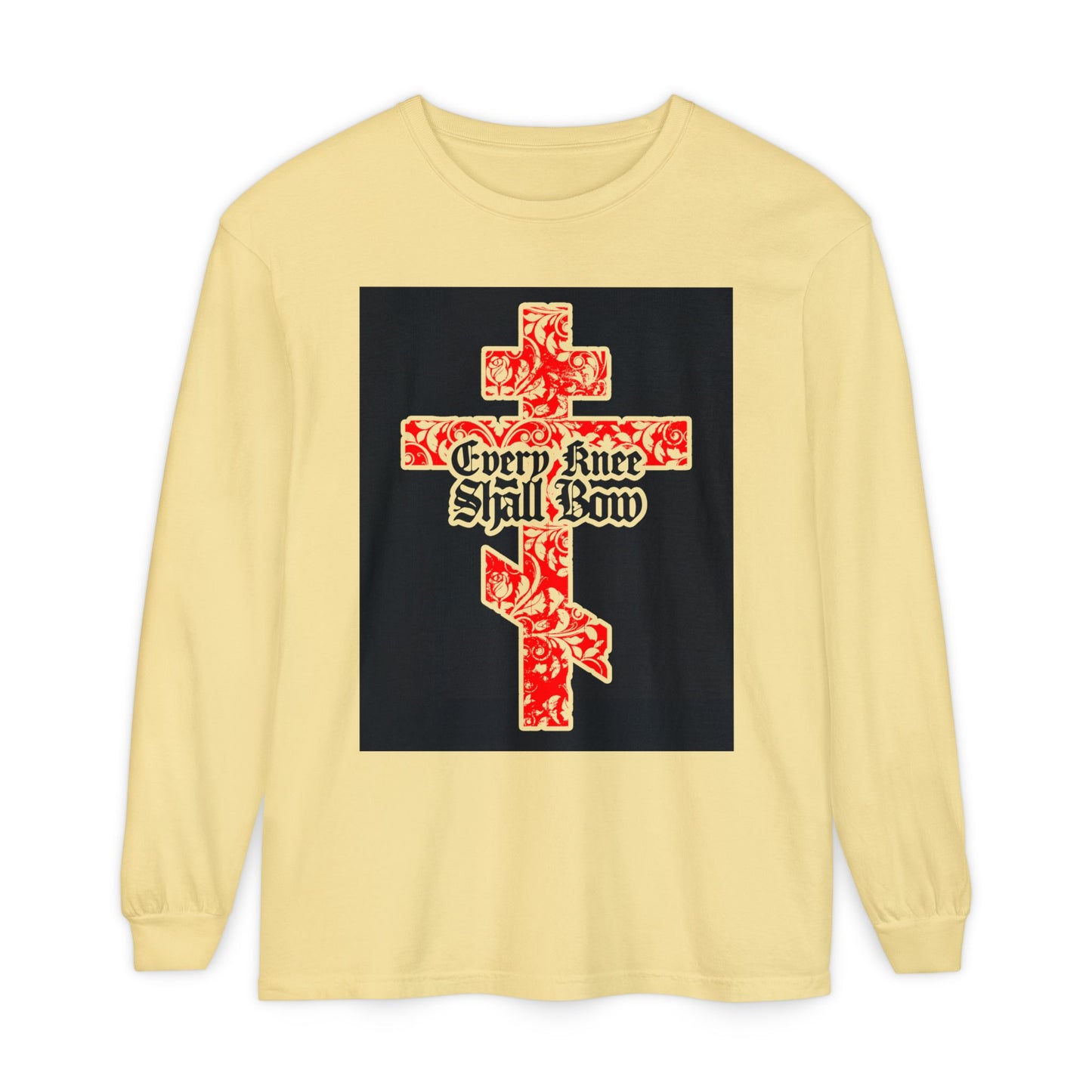Gold long-sleeve Christian shirt featuring a red floral Orthodox cross and gothic "Every Knee Shall Bow" text, inspired by Isaiah 45:22-24 and Phil 2:7-11, declaring Jesus Christ is Lord.