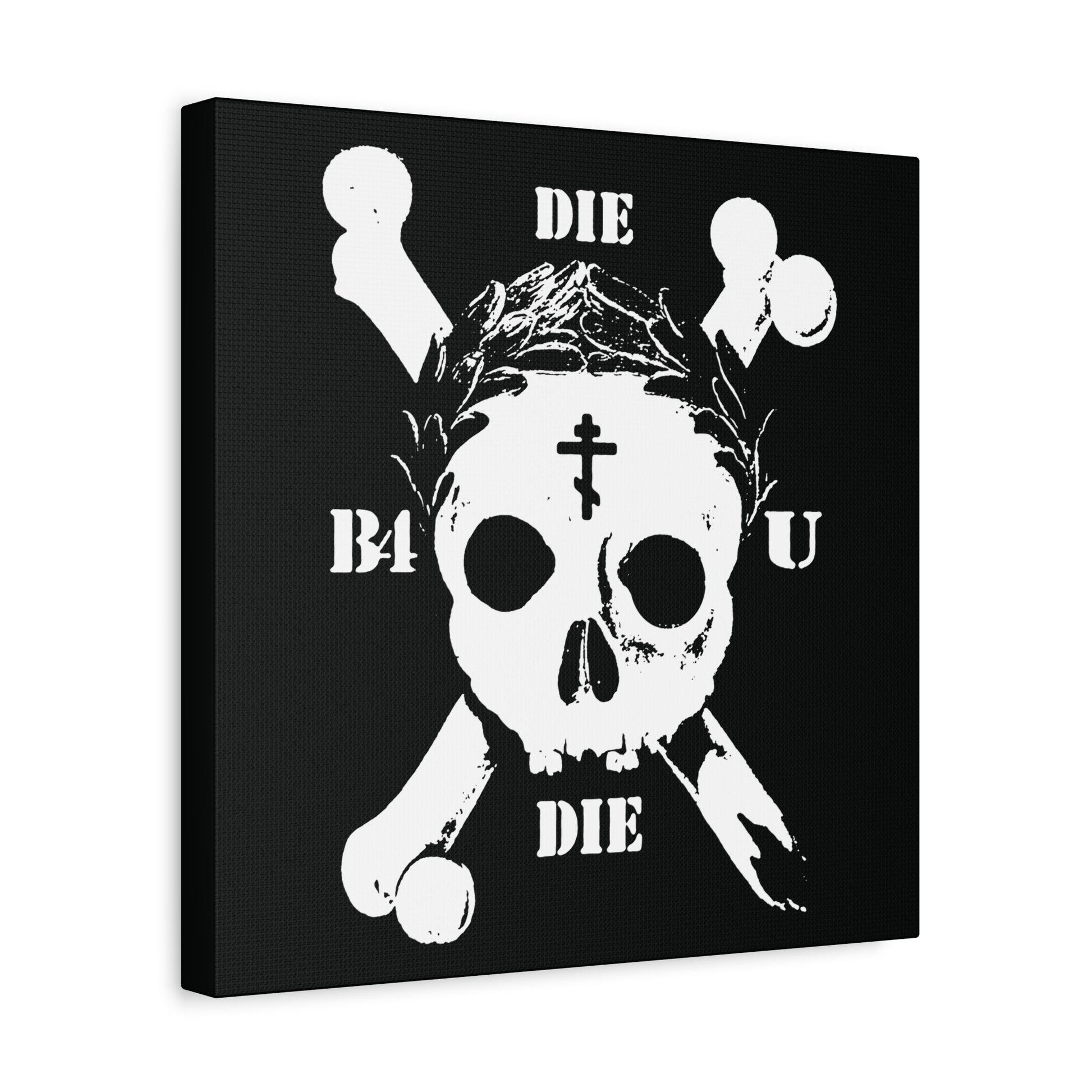 Die Before You Die | Retro Skull & Crossbones & crown on black, with Orthodox Cross and laurel wreath. Memento Mori ascetic Christian wall art referencing Matthew 16:24-25: “take up his cross” and deny himself.