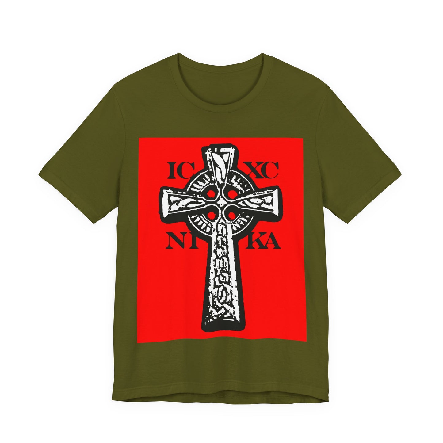 Olive t-shirt with ICXC NIKA Celtic Knotwork Cross in black and white on a red background, symbolizing "Jesus Christ Conquers"—a traditional Orthodox Christian design.