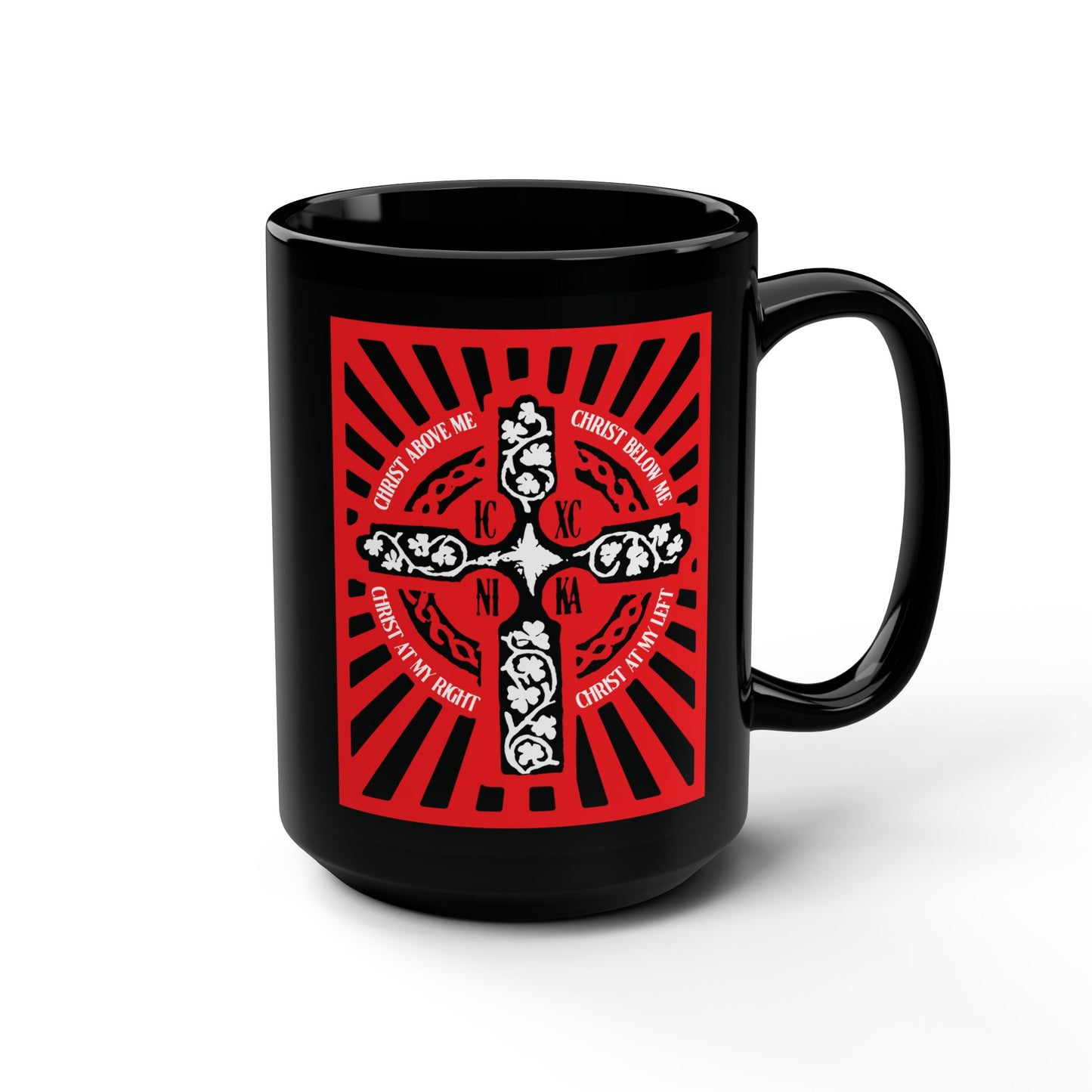 Red ICXC NIKA Enniskillen Celtic Cross | Lorica of St. Patrick | Shield Prayer | Orthodox Christian 15oz Black Mug