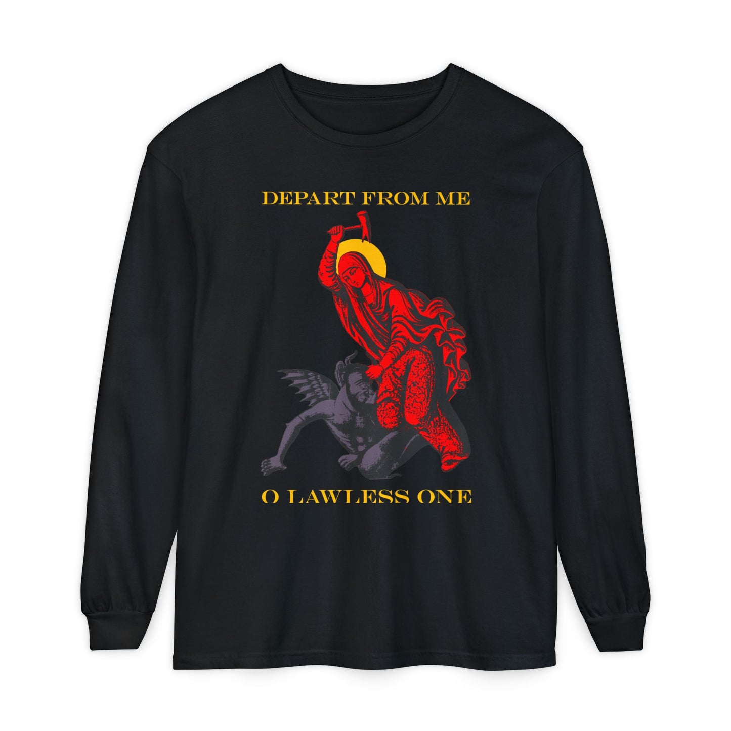 St Marina IconoGraphic (Depart from Me O Lawless One) | Saint Beating the Devil with a Hammer | Orthodox Christian Cotton Long Sleeve Shirt