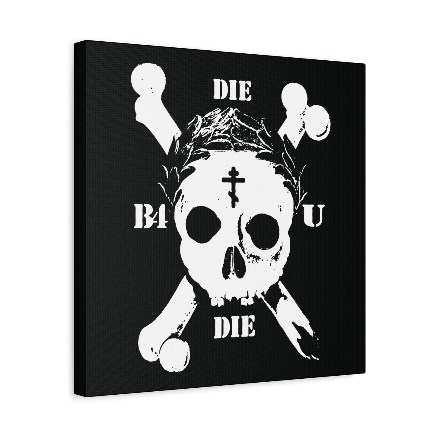 “Die Before You Die” wall art features a retro skull & crossbones, Orthodox Cross, and laurel wreath—reminding viewers of Christ’s call to self-denial (Matthew 16:24-25). Memento mori for ascetic Christian living.