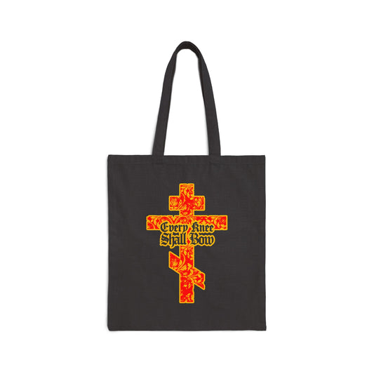 Every Knee Shall Bow (Isaiah 45:22-24, Phil 2:7-11) Christian canvas tote bag with a gold and red floral Orthodox cross and gothic lettering—a bold expression of faith and righteousness.