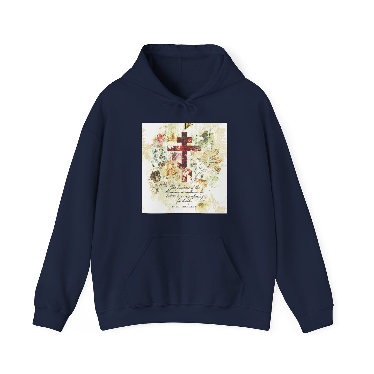 Preparing For Death | White & Beige Floral Scrapbook Texture Cross | Arts & Crafts Style | St Irenaeus | Orthodox Christian Hoodie