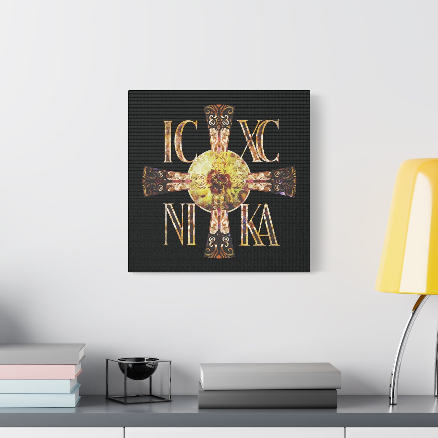 ICXC NIKA Celtic Style Equal Armed Cross | Bright Solar Texture | Orthodox Christian Canvas Art