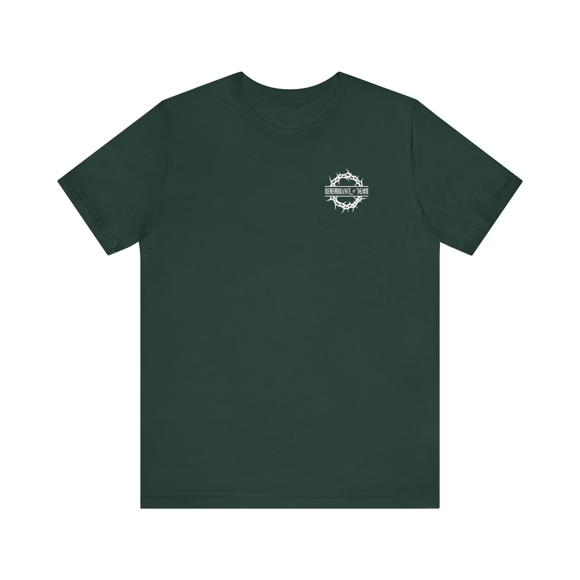 The "Dead to this World" t-shirt features 70s typography, a flower cross and skull, with Orthodox Christian themes of renunciation and dispassion, plus a branded front and back print in green—ideal for Christian goth style.