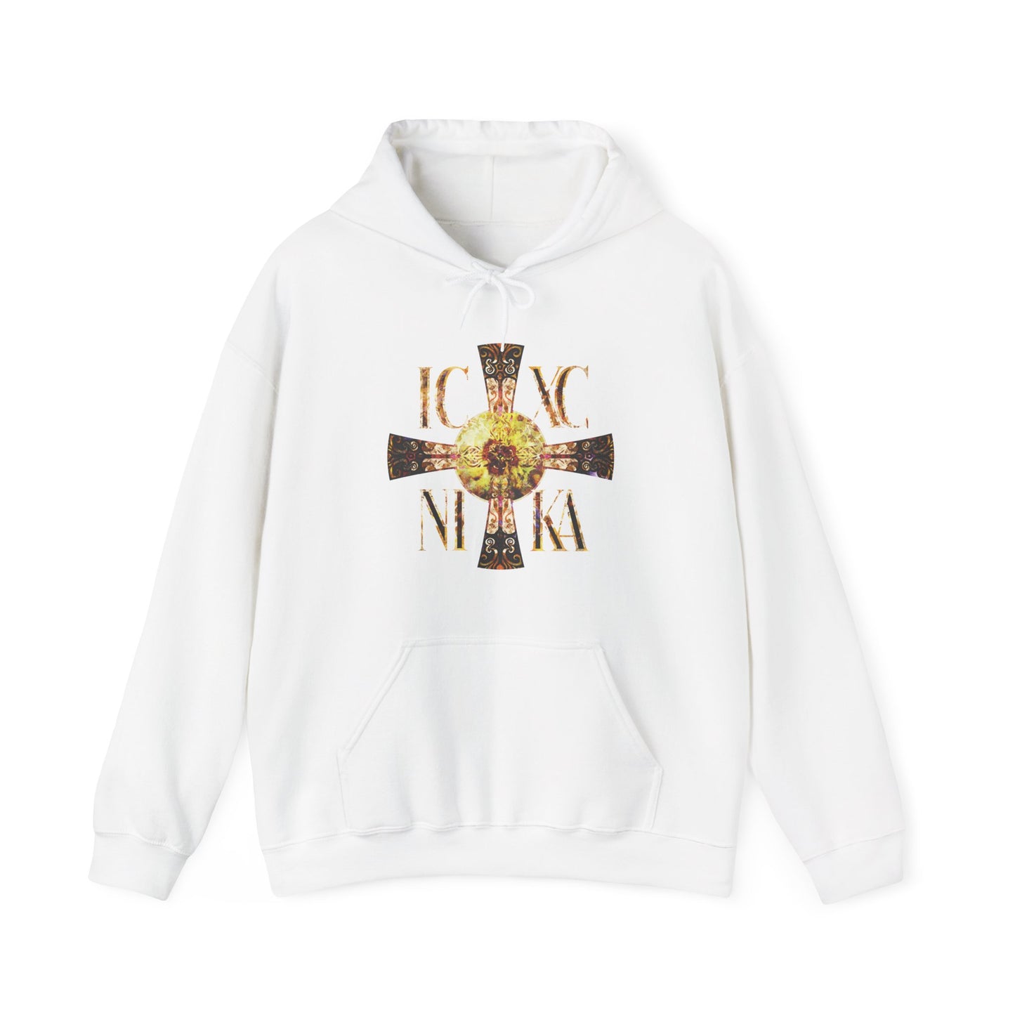 ICXC NIKA Celtic Style Equal Armed Cross | Bright Solar Texture | Orthodox Christian Hoodie