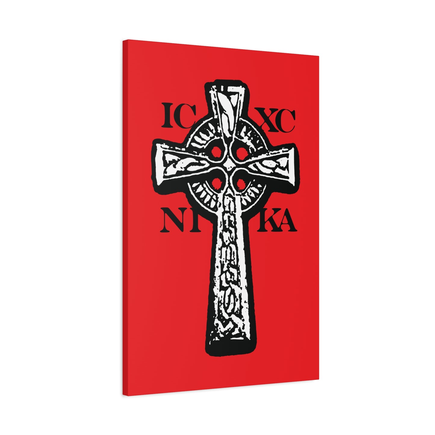 Featuring the ICXC NIKA Celtic Knotwork Cross, this traditional Orthodox Christian wall art shows a black and white cross with Greek letters on a red background, symbolizing “Jesus Christ Conquers” and the power of salvation.