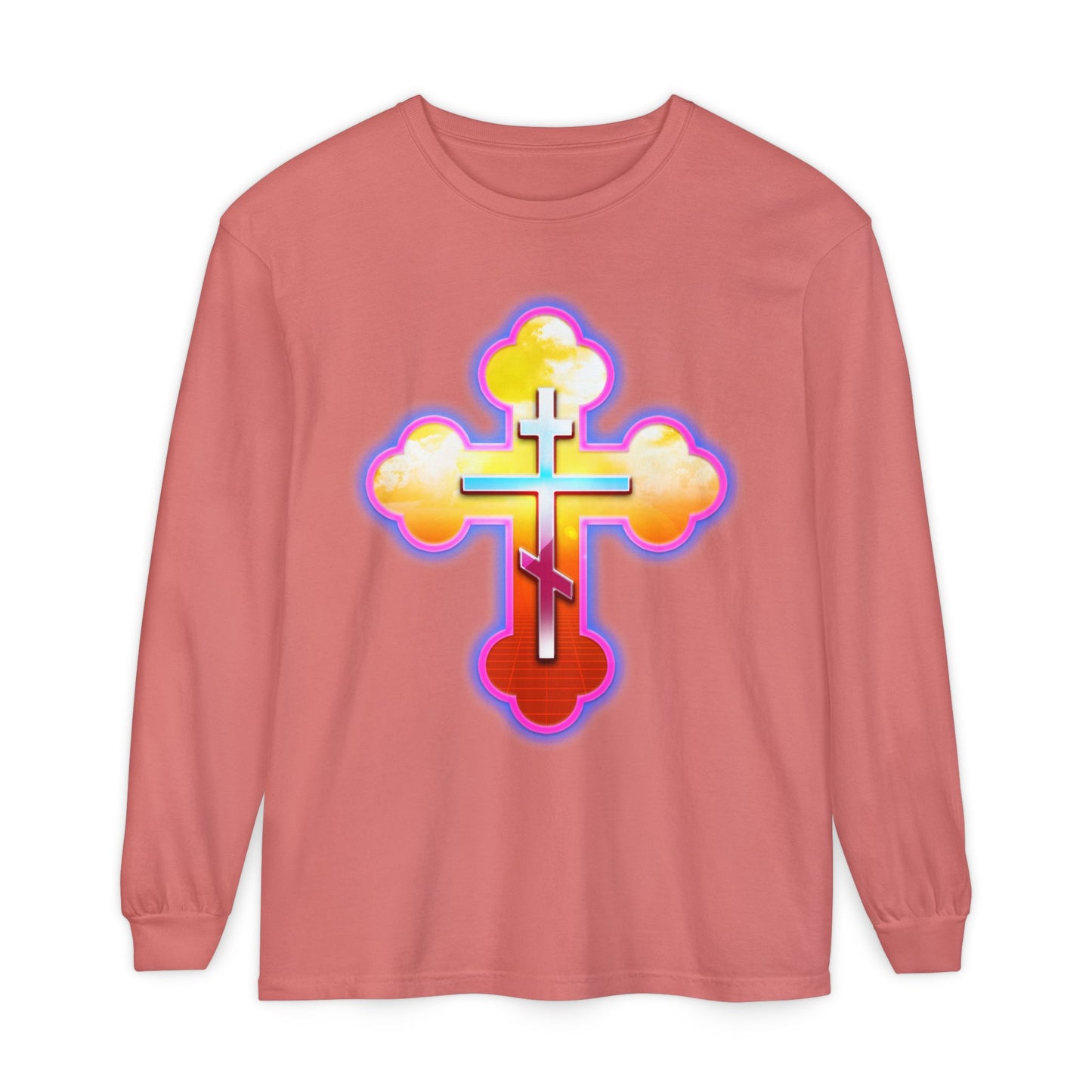 80s Synthwave Retrowave Outrun Aesthetic | Glowing & Reflective Gold & Red Three-Bar Cross | Orthodox Christian Cotton Long Sleeve Shirt