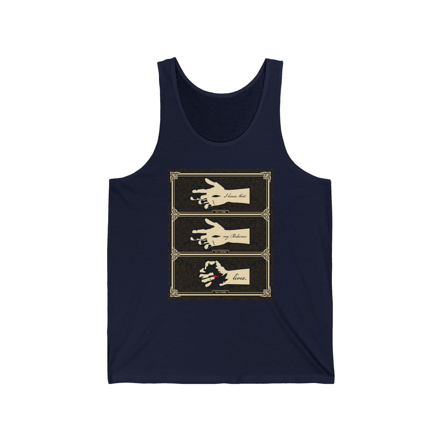 Navy tank top featuring earthtone Americana-style illustration of the crucified Christ’s hand, inspired by Job 19:25, symbolizing resurrection and Orthodox Christian faith. “I Know That My Redeemer Lives” design.