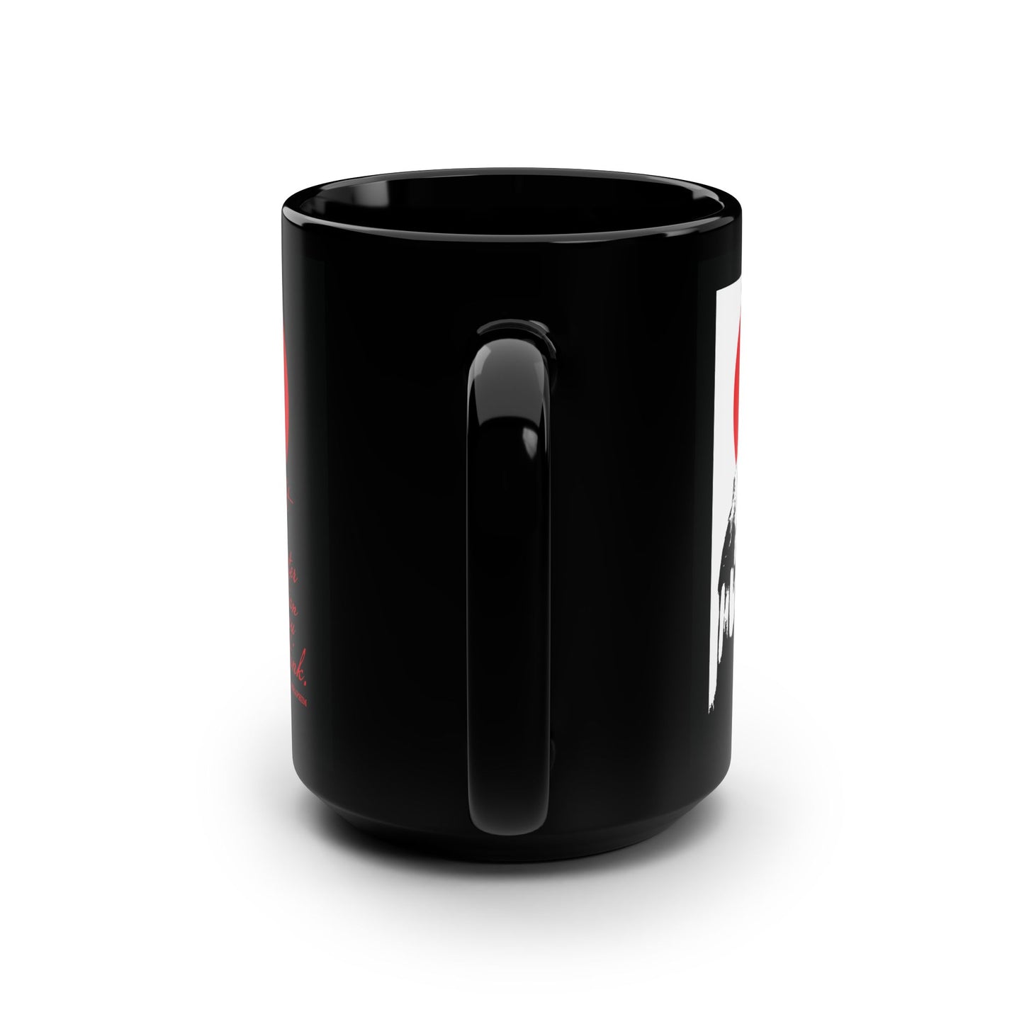 A glossy black Printify mug, angled to show the handle and part of its high-contrast black, white, and red "It's Later Than You Think" Orthodox design inspired by Fr Seraphim Rose. The background is plain white.
