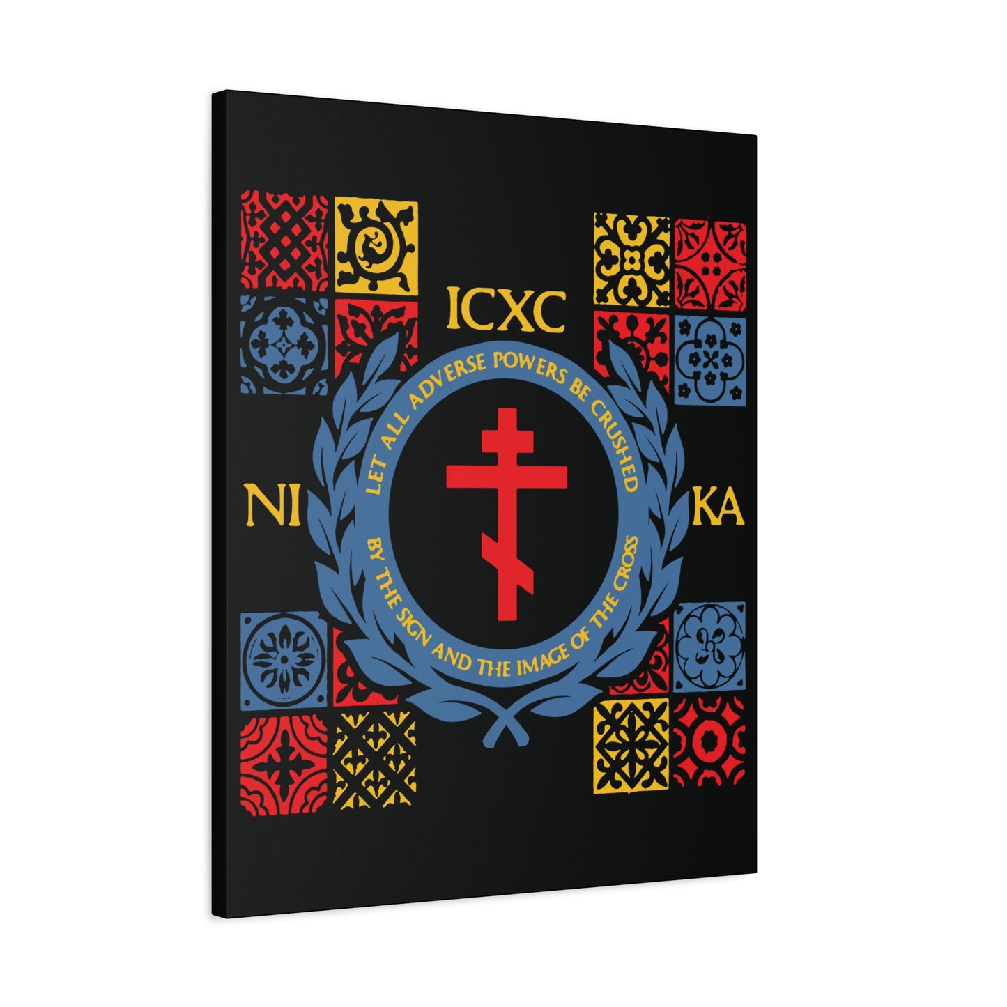 Let All Adverse Powers Be Crushed (Red, Yellow & Blue Design) | ICXC NIKA | Medieval Tile Design | Orthodox Christian Canvas Art