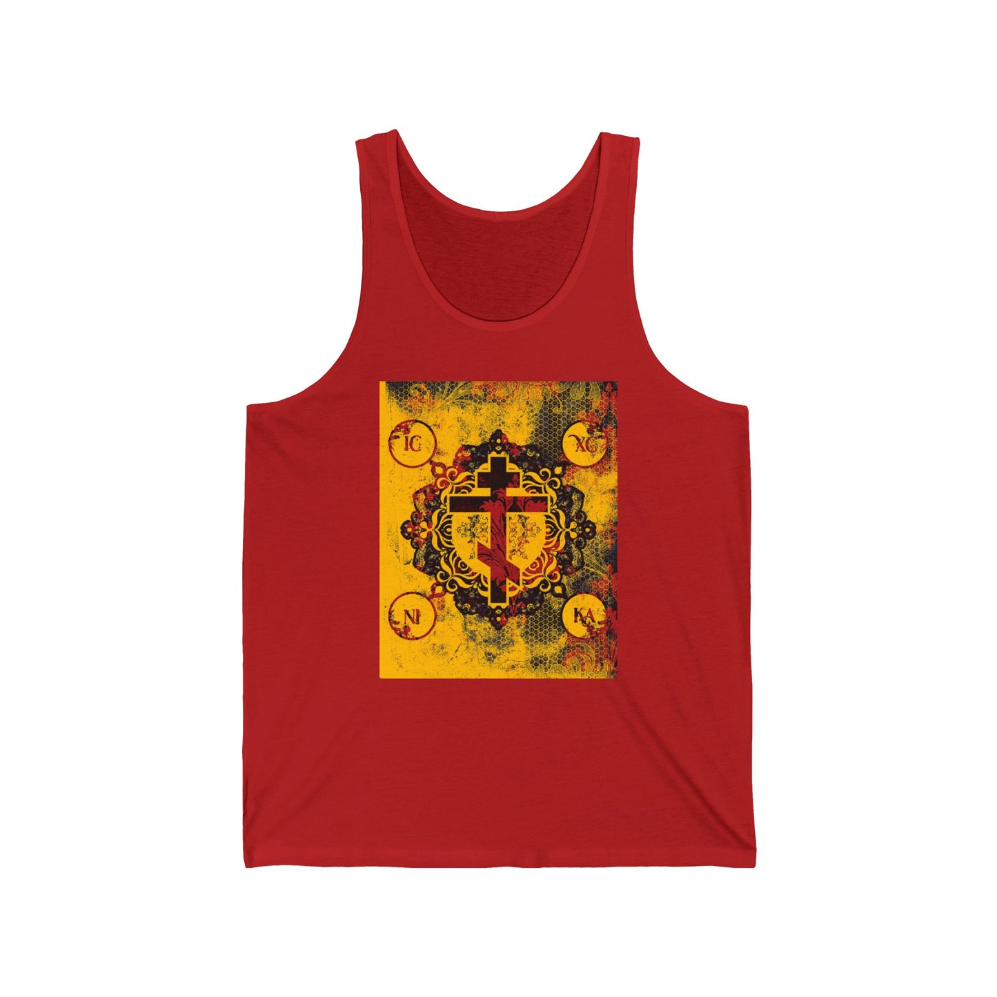 IC XC NIKA Orthodox Cross | Yellow & Red Modern & Medieval Textured Floral Design | Orthodox Christian Jersey Tank Top