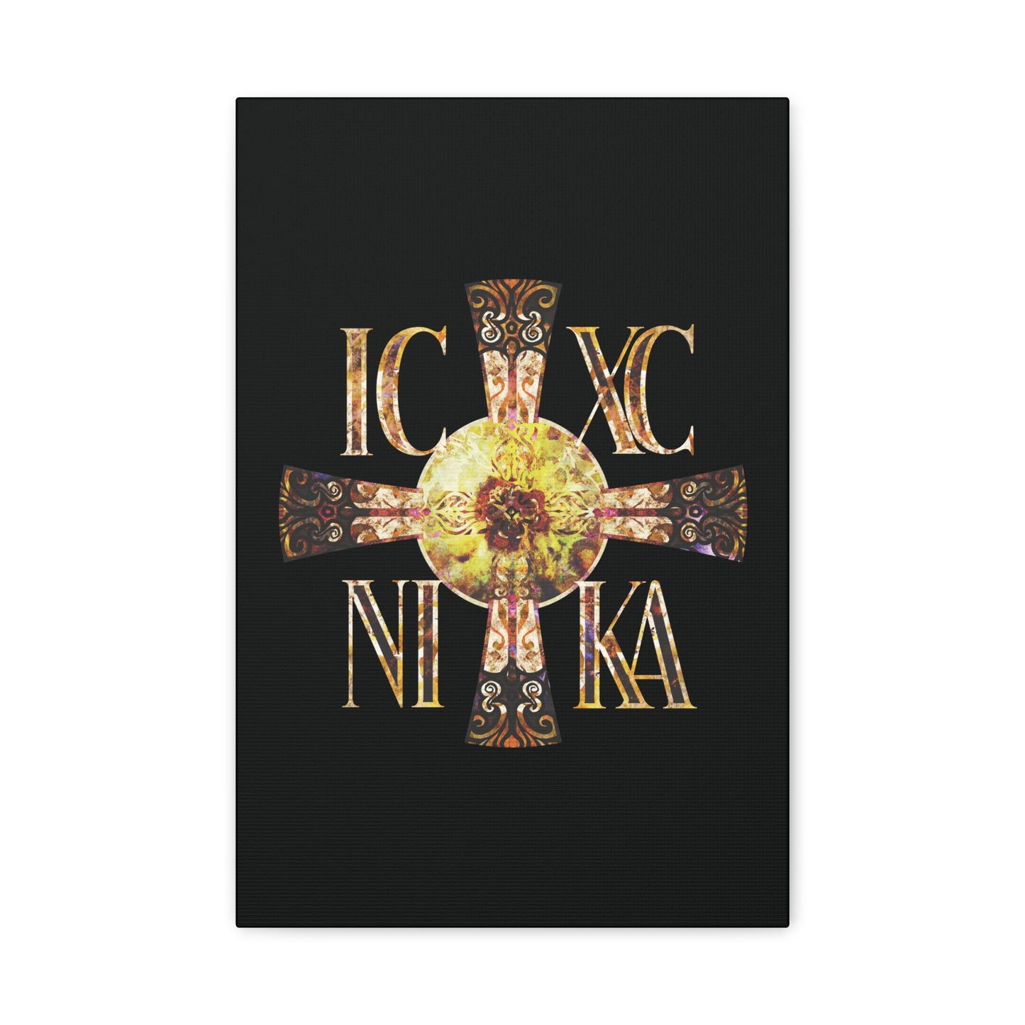 ICXC NIKA Celtic Style Equal Armed Cross | Bright Solar Texture | Orthodox Christian Canvas Art