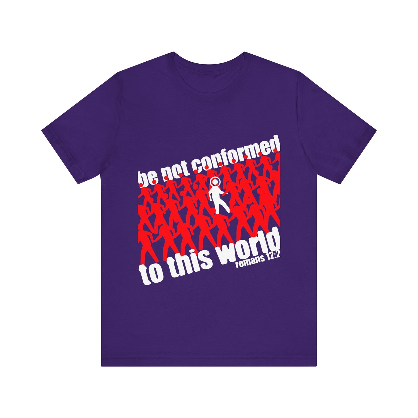 Team Purple “Be Not Conformed to This World (Romans 12:2)” Orthodox Christian T-shirt features red silhouettes, white text from Romans 12:2, a single white figure, and a design inspired by renewing your mind and living as a sacrifice.