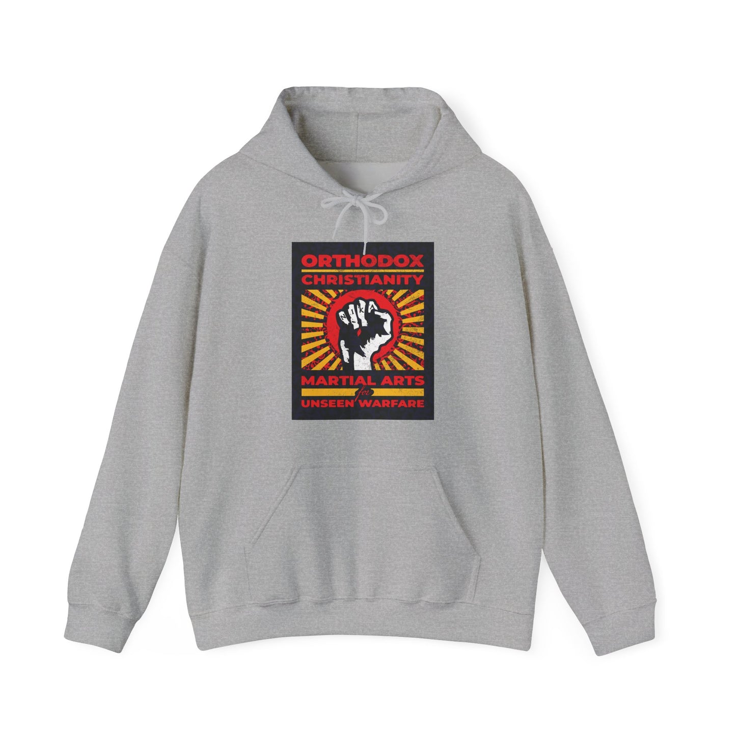 Orthodox Christianity: Martial Arts for Unseen Warfare | NIKA Jesus Fist on Colorful Sunburst Design | Orthodox Christian Hoodie