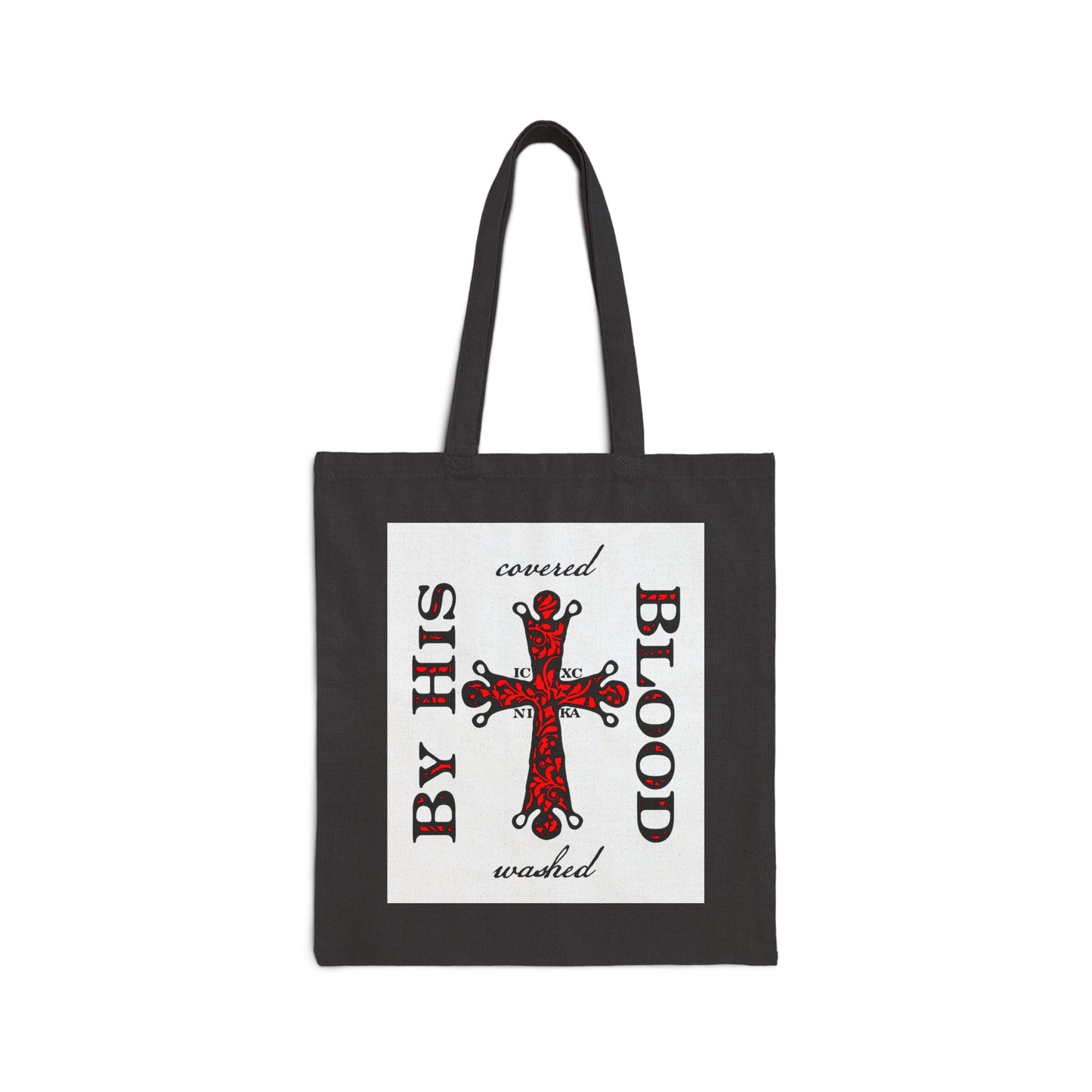 Washed/Covered By His Blood (1 John 1:7) | ICXC NIKA Ornate Red Orthodox Cross | Orthodox Christian Cotton Canvas Tote Bag
