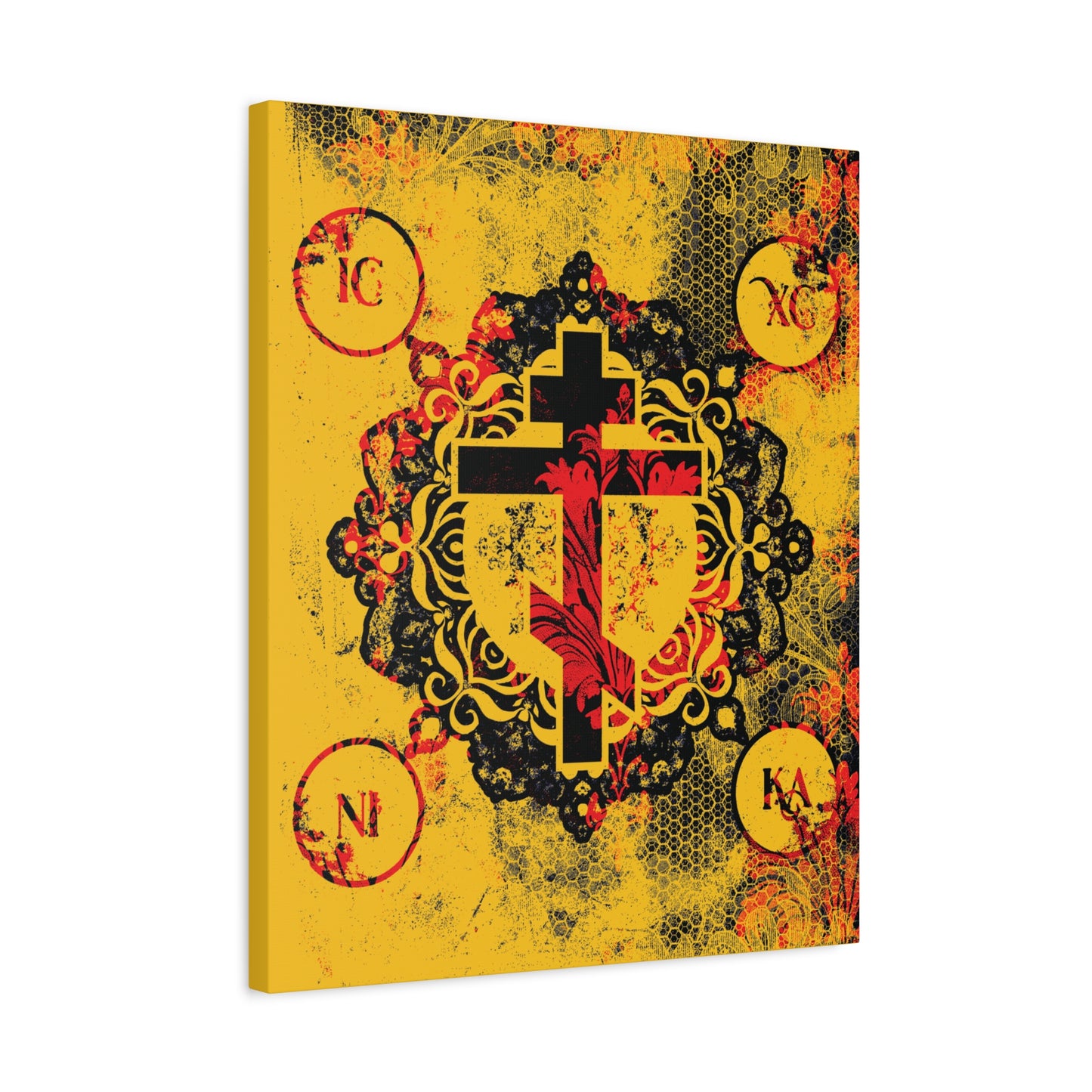 IC XC NIKA Orthodox Cross | Yellow & Red Modern & Medieval Textured Floral Design | Orthodox Christian Canvas Art