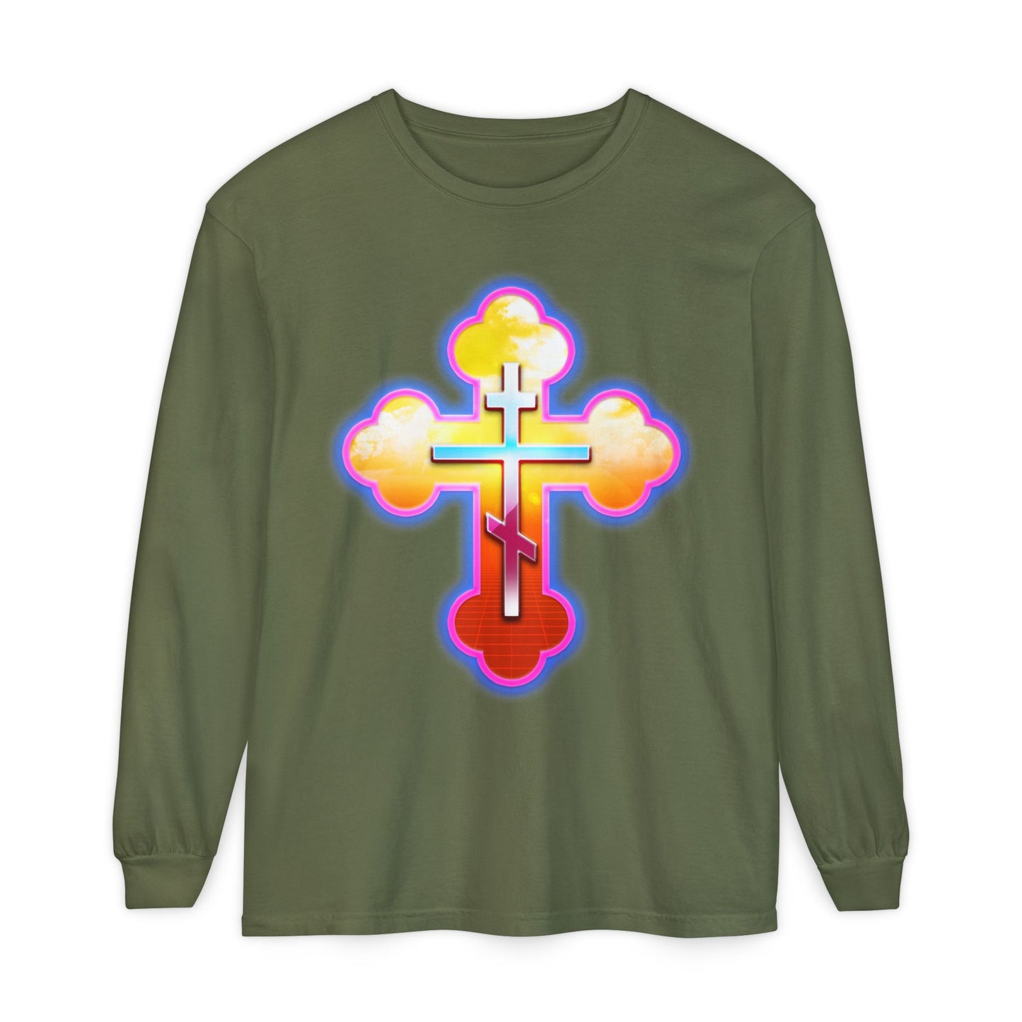 80s Synthwave Retrowave Outrun Aesthetic | Glowing & Reflective Gold & Red Three-Bar Cross | Orthodox Christian Cotton Long Sleeve Shirt