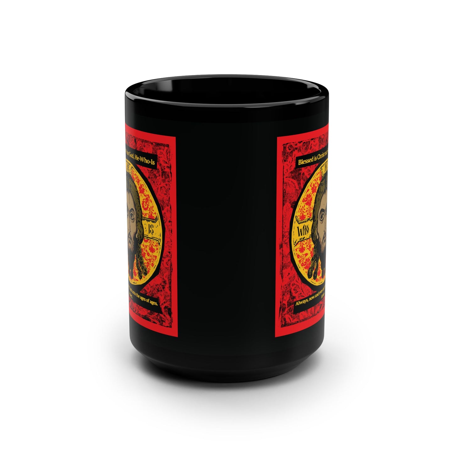 The Remembrance of Death "Made Without Hands" black ceramic mug features a bold red, black, and yellow graphic of Jesus Christ in an Orthodox icon style, with the design appearing twice. Inspired by our popular Troparion t-shirt.
