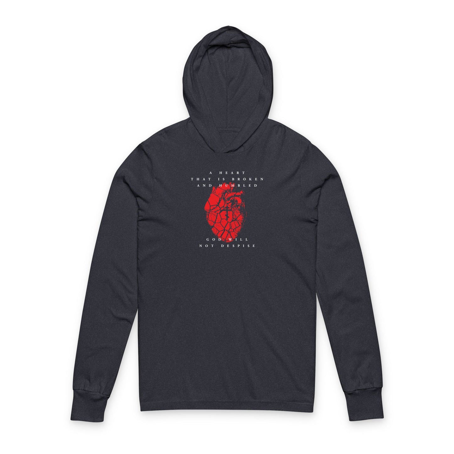 Heather navy long sleeve hooded cotton shirt featuring a cracked heart with Orthodox cross and white Psalm 51 text above and below on the chest; reads: "A Heart That is Broken and Humbled God Will Not Despise.