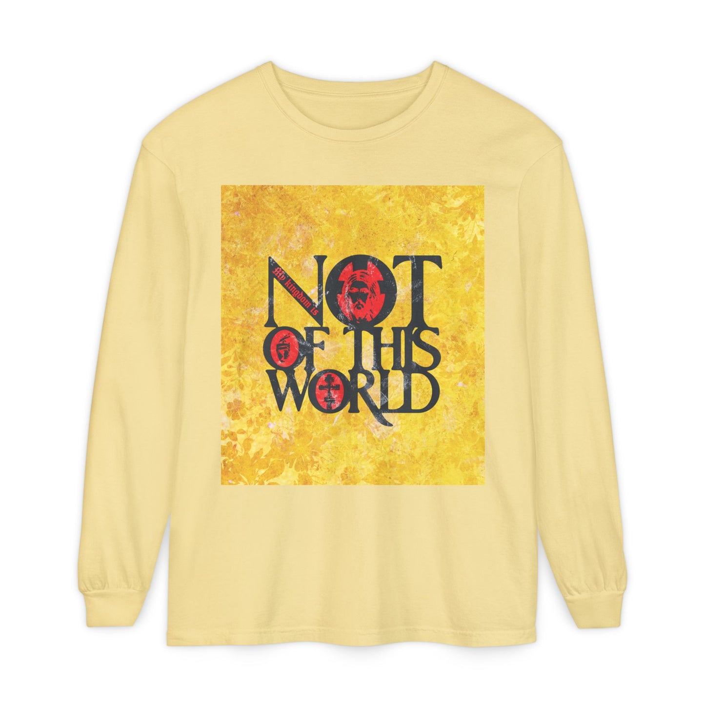 My Kingdom is Not of This World (John 18:36) | Bold Red, Yellow & Black Textured Design with Icon Motifs | Orthodox Christian Long Sleeve Shirt