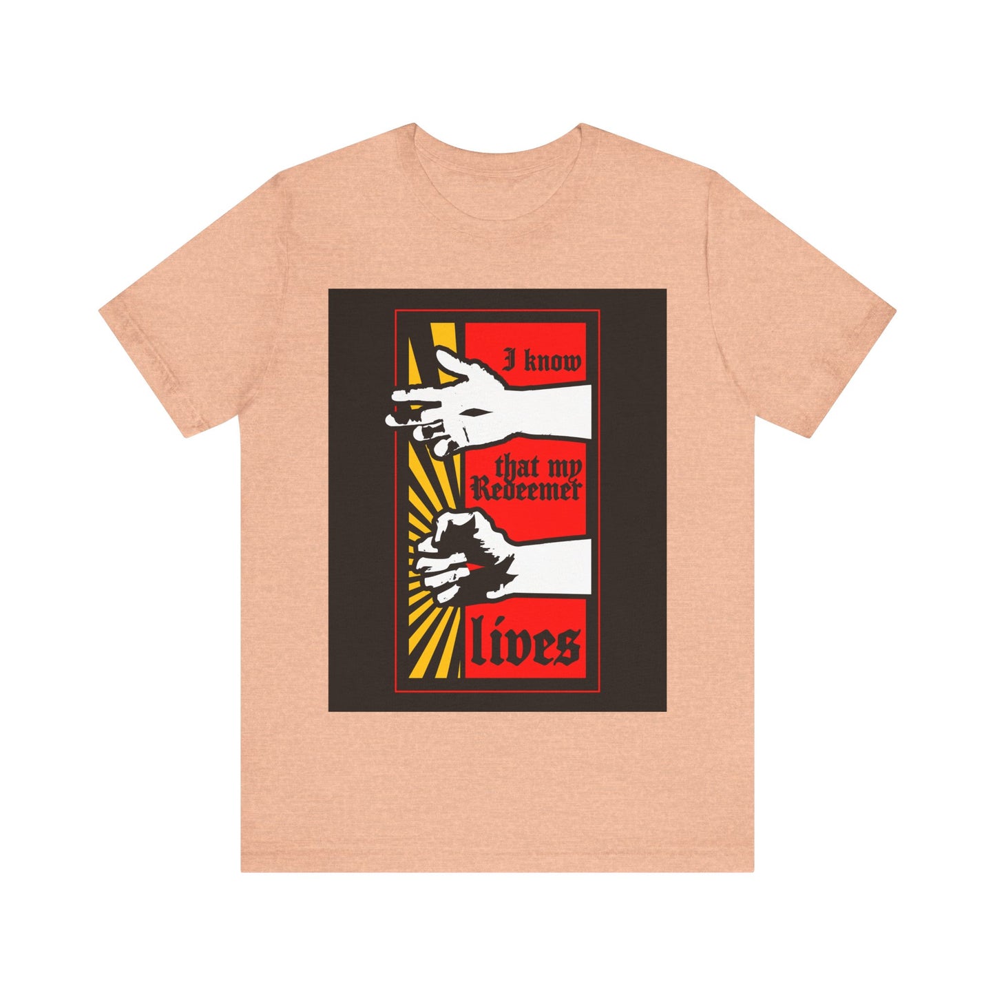 Heather peach Orthodox Christian t-shirt featuring a comic book–style resurrected Jesus fist with divine power and "I Know That My Redeemer Lives (Job 19:25)" graphic.