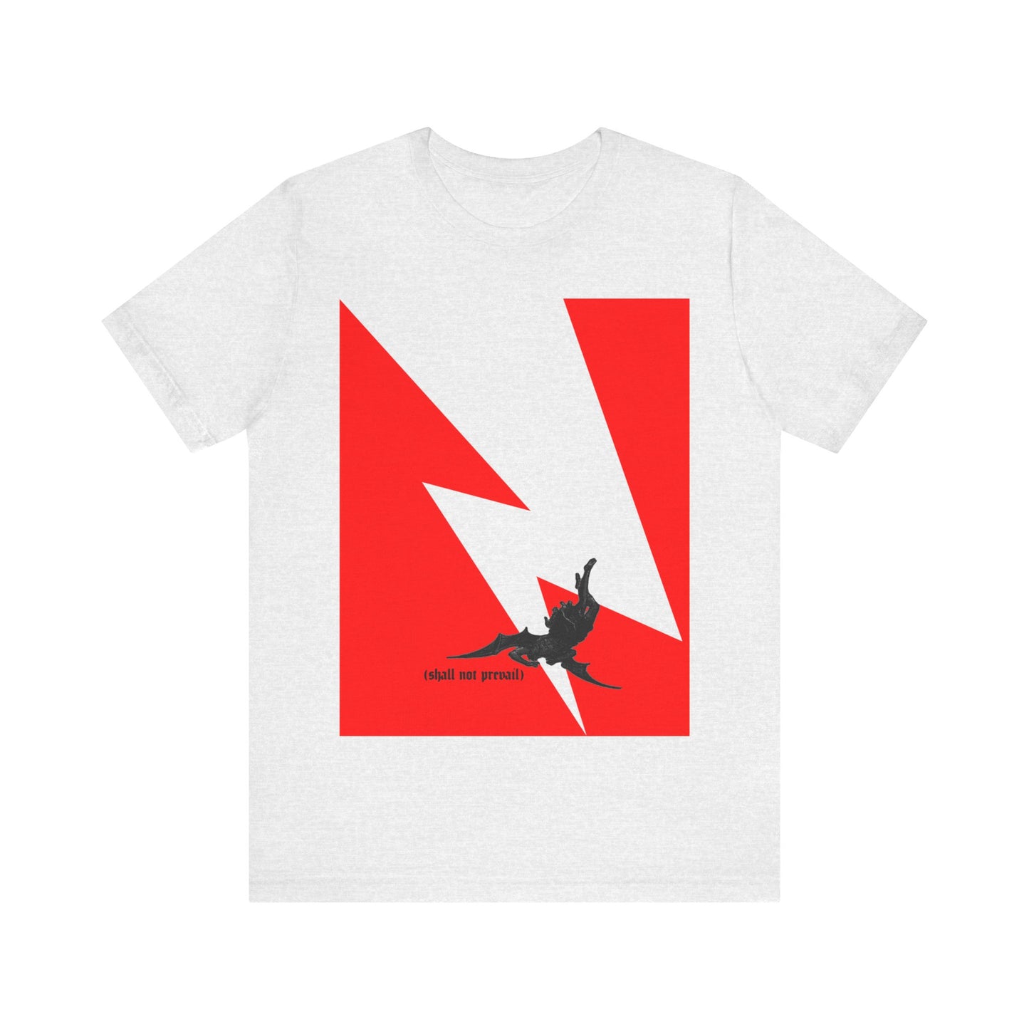 Ash T-shirt featuring a minimalist red and white lightning design with a black cat silhouette and “(shalt not prevail)” text—referencing Luke 10:18 and Orthodox Christian themes.