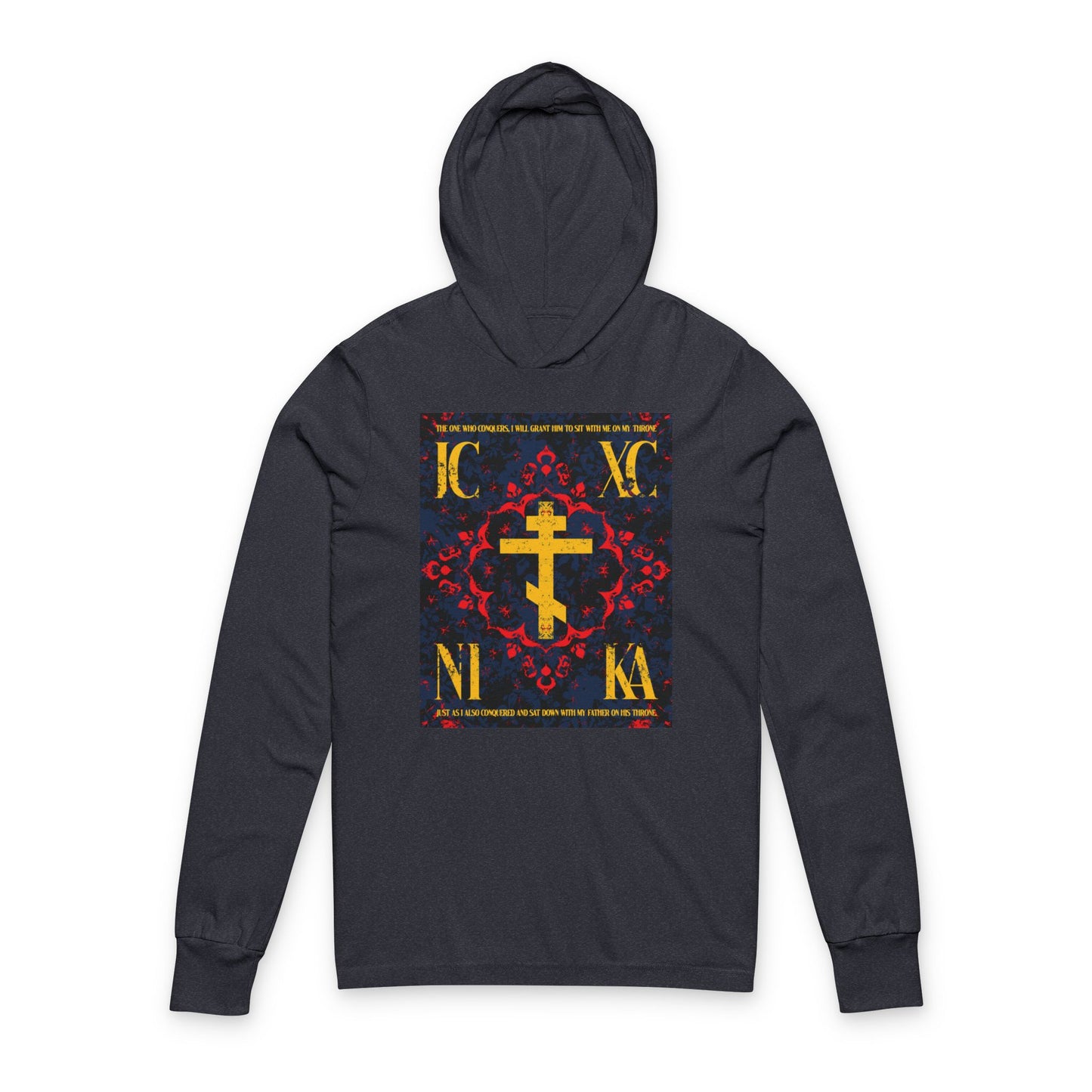 IC XC NIKA Orthodox Cross | Medieval Floral Design | The One Who Conquers (Revelation 3:21) | Orthodox Long Sleeve Hooded Shirt