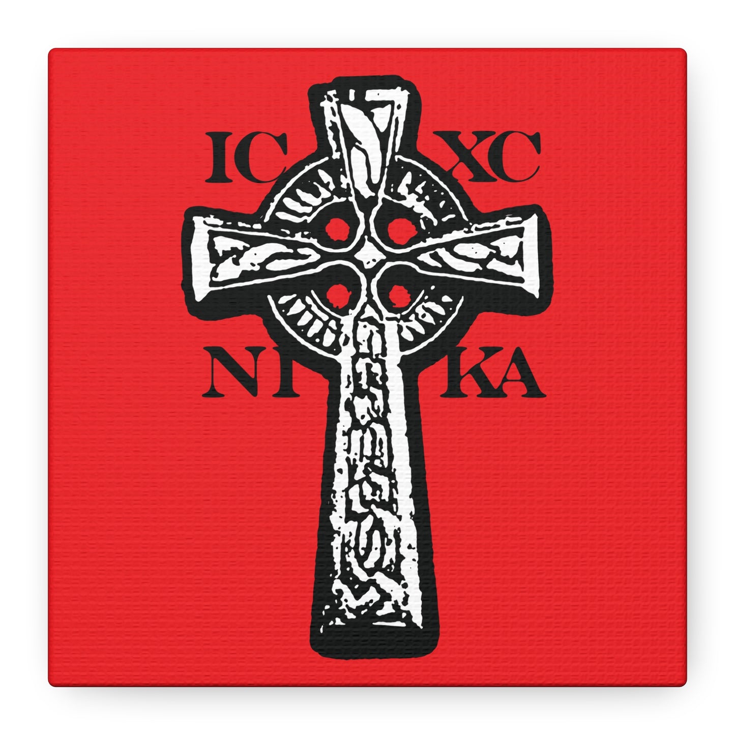 The ICXC NIKA Celtic Knotwork Cross is traditional Orthodox Christian wall art in black and white on a red background, symbolizing Jesus Christ conquers and the power of salvation.