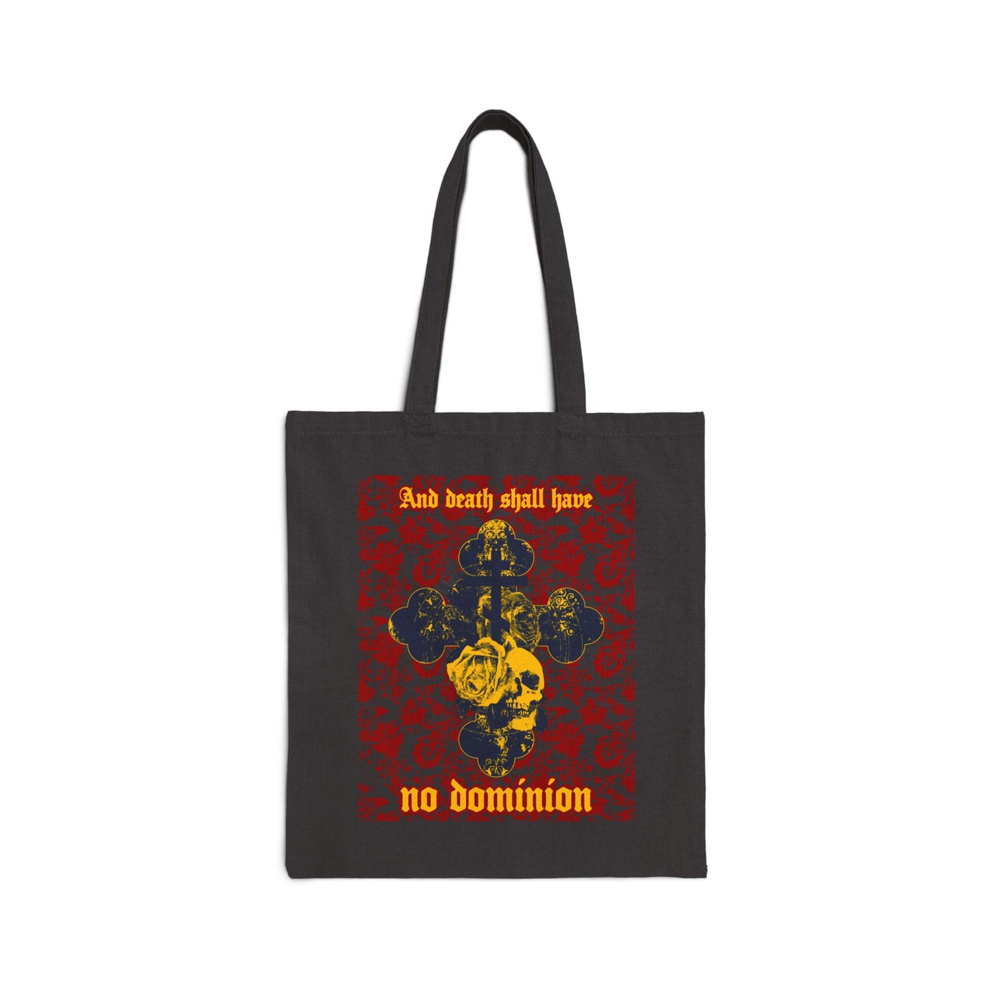 And Death Shall Have No Dominion (Dylan Thomas) | Gothic Style Cross, Skull & Rose on Floral Background | Orthodox Christian Canvas Tote Bag
