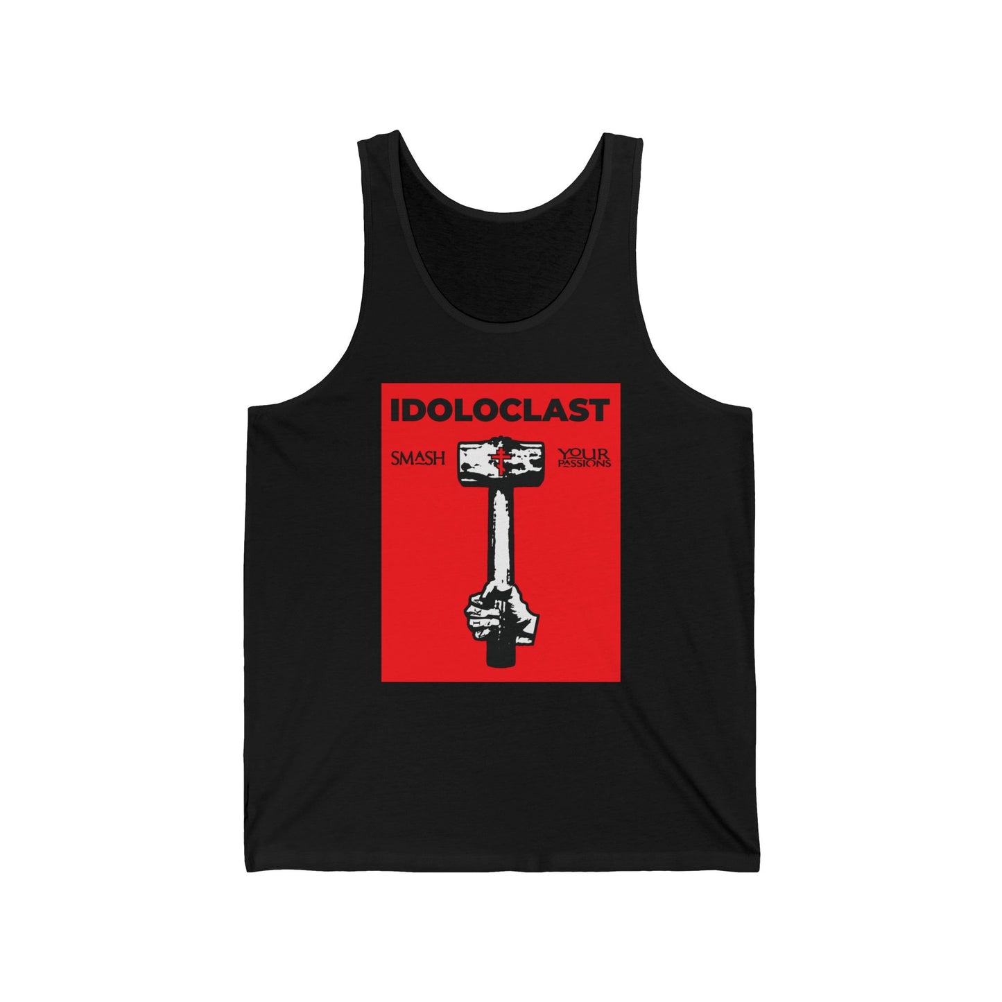 Idoloclast Idol-Smasher | Jesus NIKA Fist w/ Sledgehammer on Red Background | Smash Your Passions | Orthodox Christian Jersey Tank Top / Sleeveless Shirt