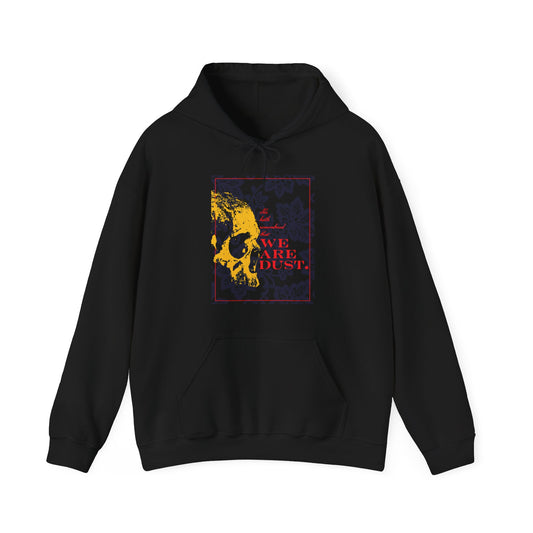 Black hoodie featuring a yellow skull on a blue floral background with red "WE ARE DUST." text, inspired by Ps. 102/103 LXX and Orthodox Christian memento mori themes.