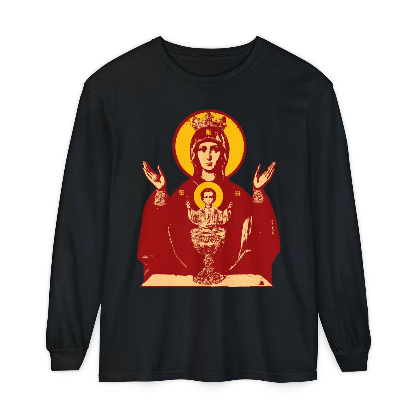 Black long-sleeve shirt with the Holy Theotokos IconoGraphic of the Inexhaustible Chalice—Orthodox Christian design depicting the Deliverer from Addictions, to help conquer passions.