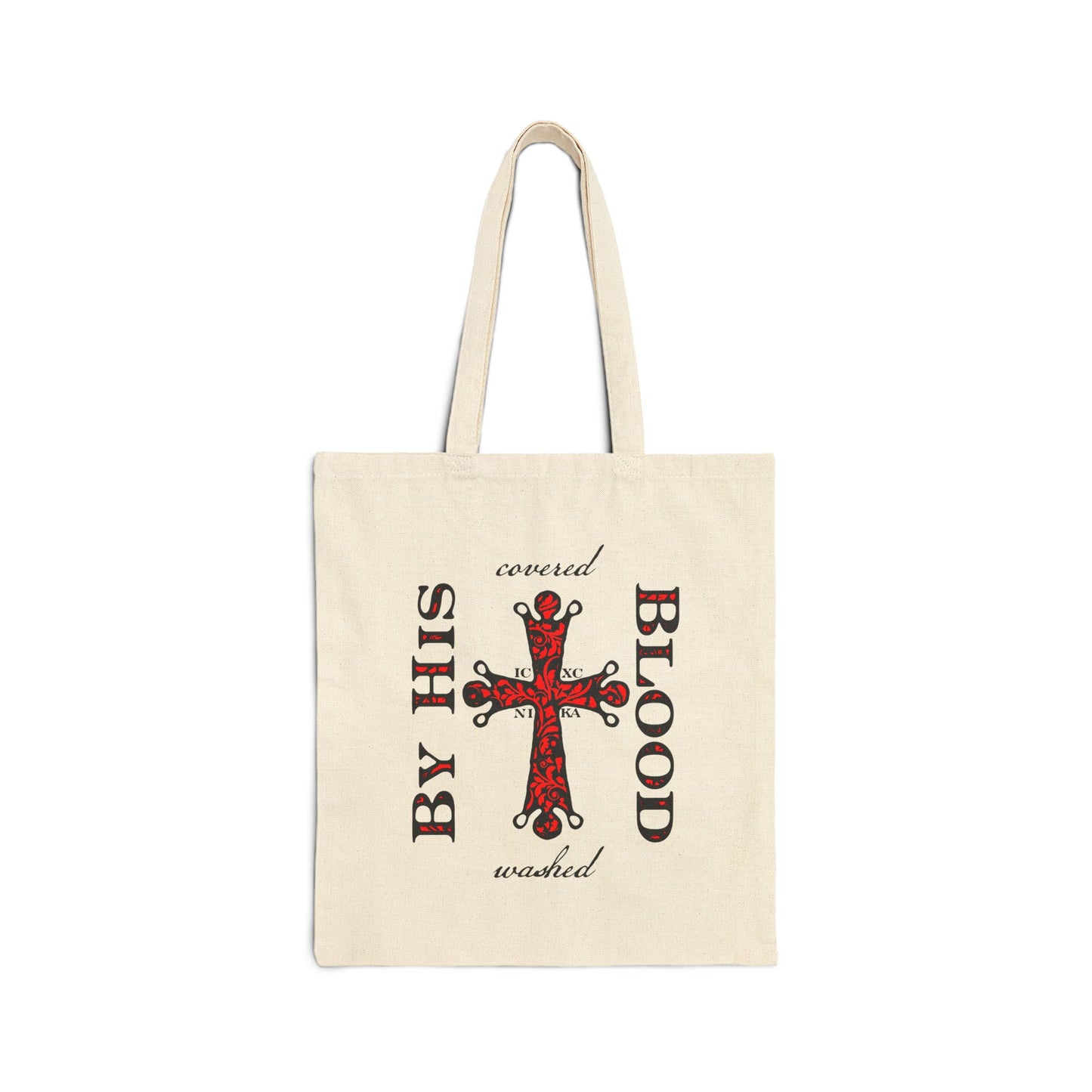 Washed/Covered By His Blood (1 John 1:7) | ICXC NIKA Ornate Red Orthodox Cross | Orthodox Christian Cotton Canvas Tote Bag