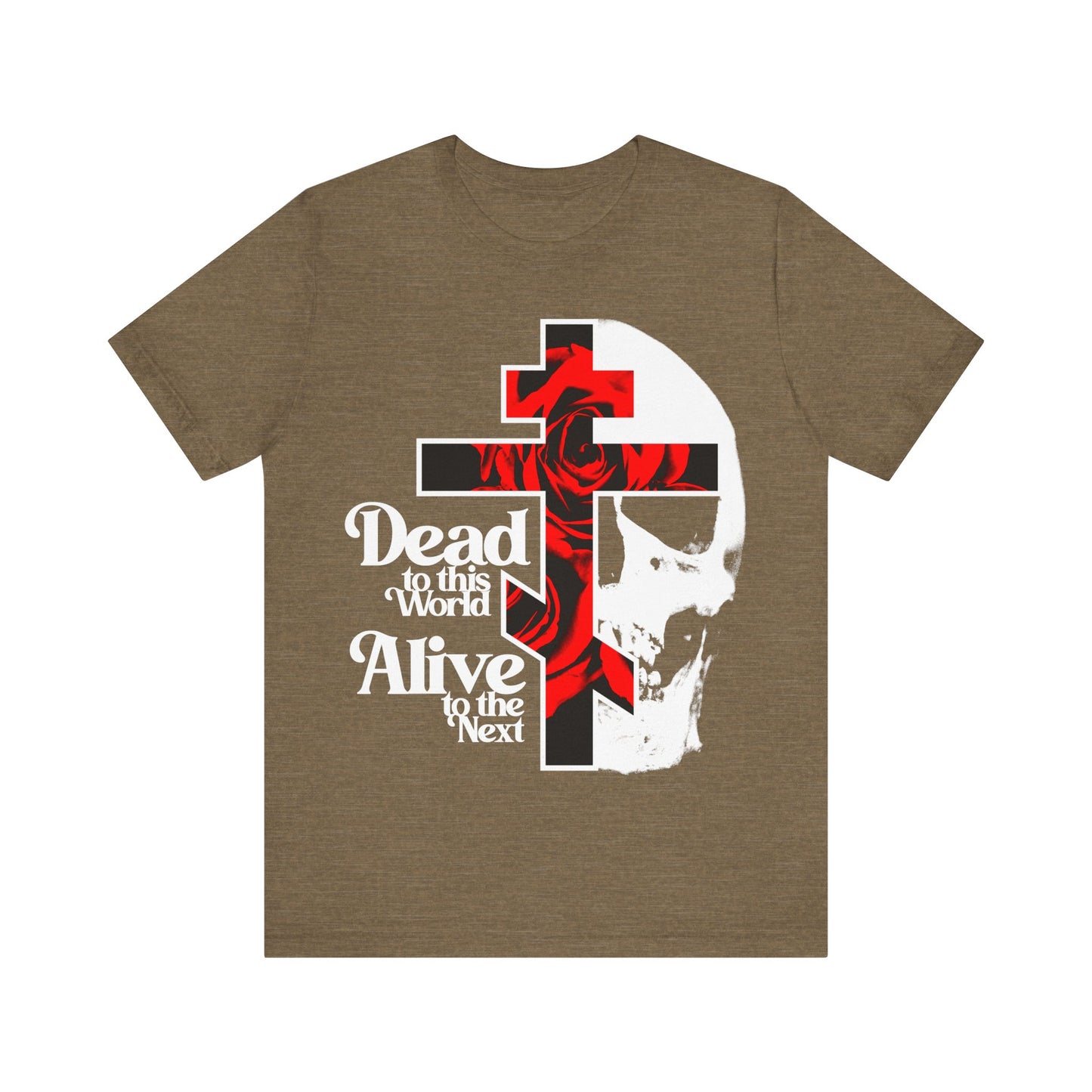 Heather Olive "Dead to this World" Orthodox Christian T-shirt features a goth flower cross, skull, and 70s typography—symbolizing renunciation of the world as taught in the Ladder of Divine Ascent.