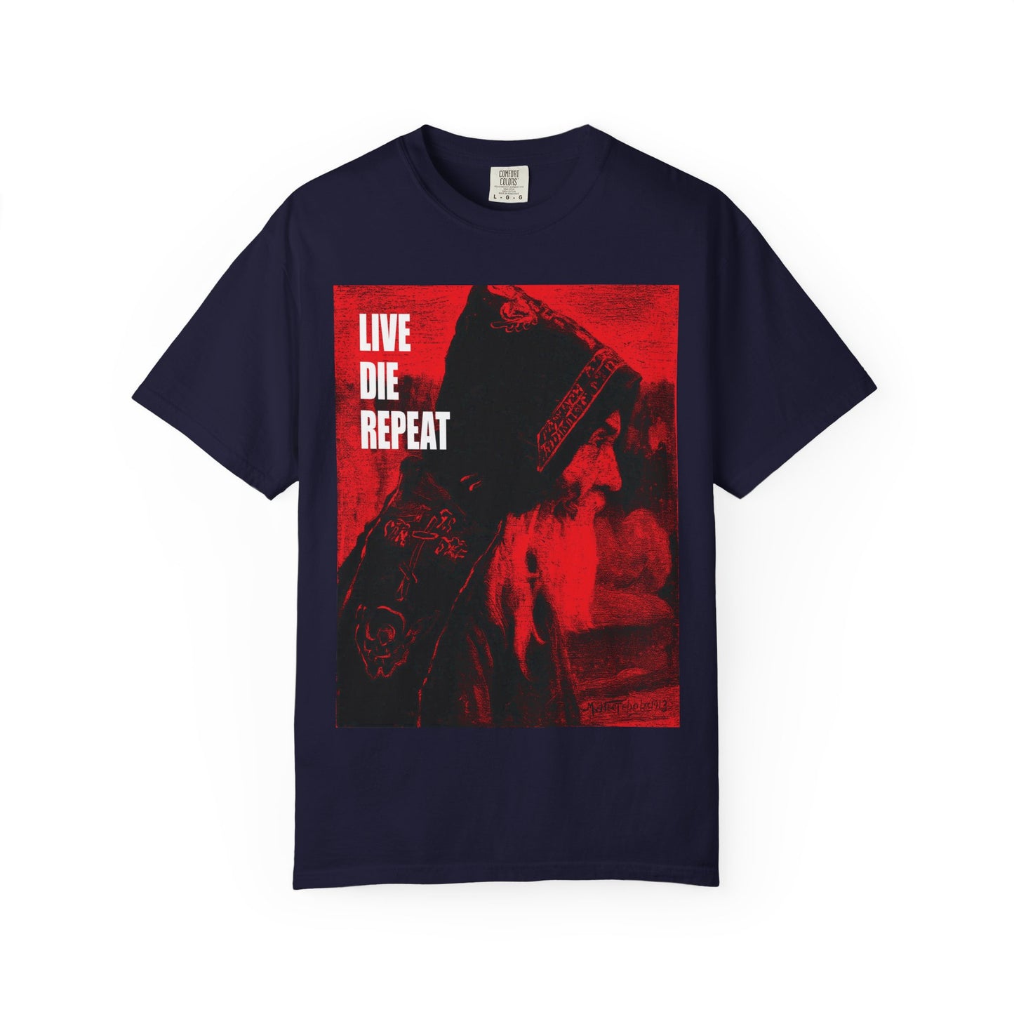 True Navy heavyweight tee featuring Orthodox monk art by Mikhail Nesterov and the quote "Die Every Day, You Will Live Forever"—a nod to asceticism and St Antony the Great. Unisex fit.