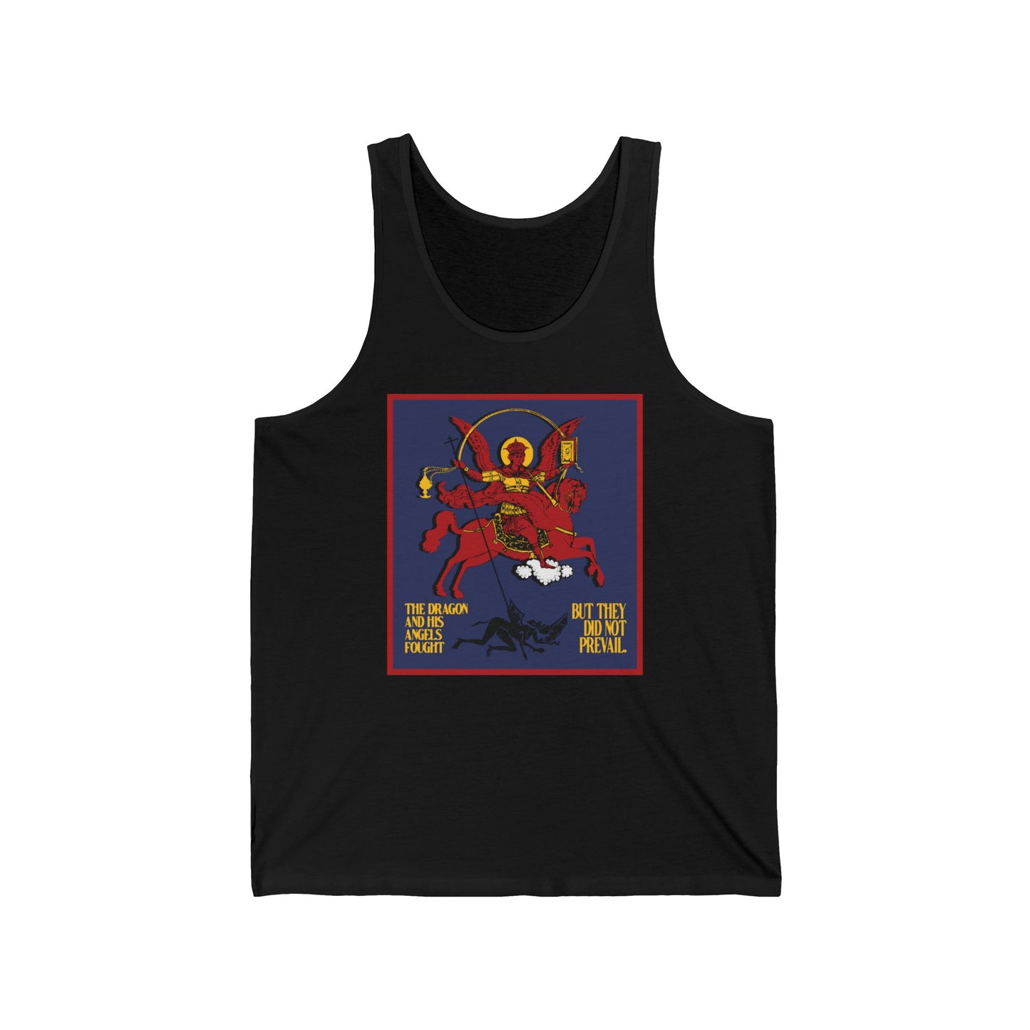 Archangel Michael of the Apocalypse IconoGraphic (Revelation 12:7-8) | Red Angel and Horse on Blue Background | Orthodox Christian Jersey Tank Top / Sleeveless Shirt