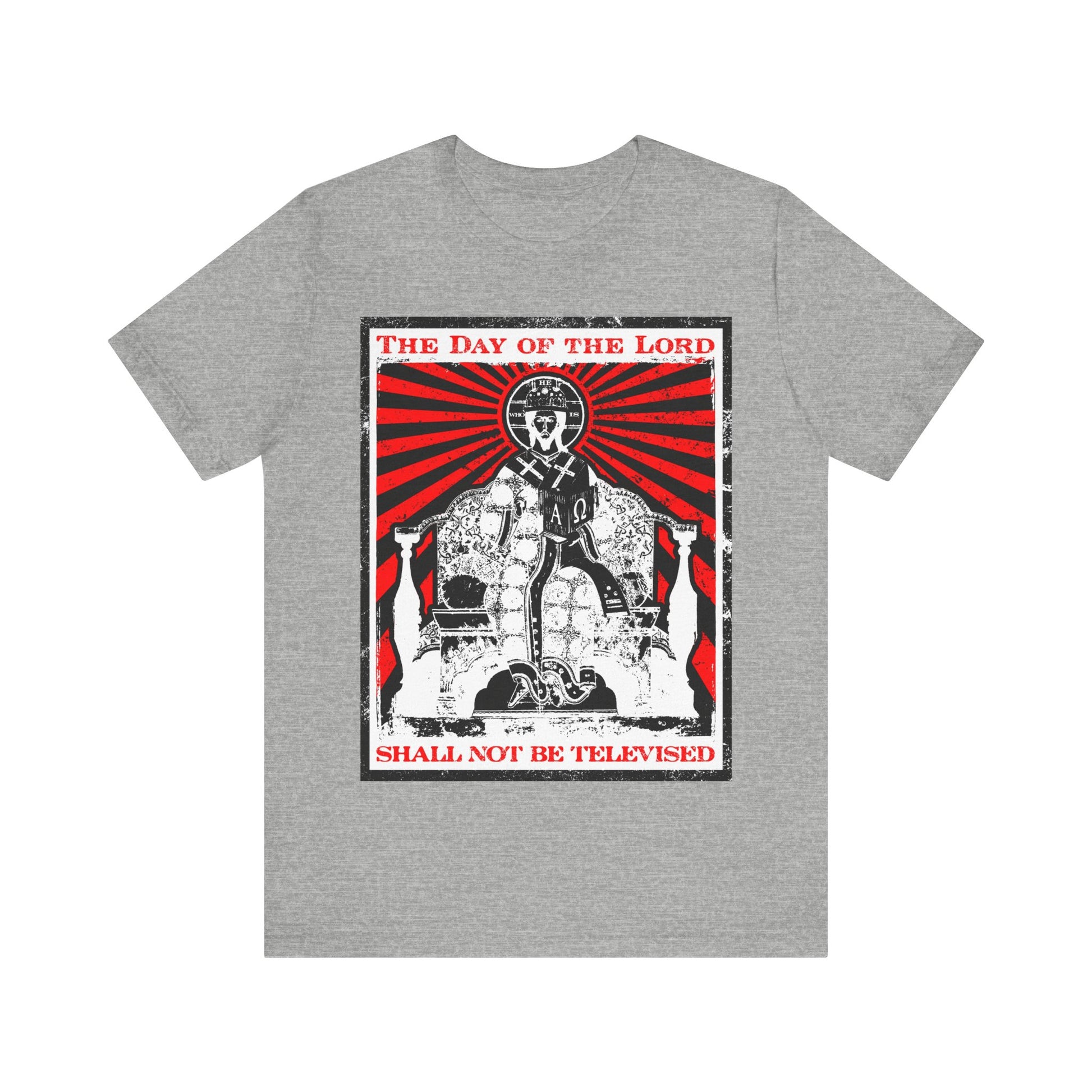 Athletic Heather T-shirt featuring a crowned Jesus, red rays, and "The Day of the Lord Shall Not Be Televised"—bold Orthodox Christian cotton shirt inspired by the Second Coming and Revelation.