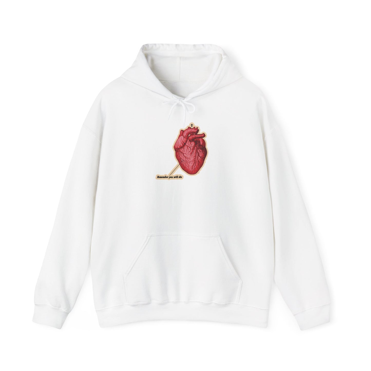 White “Remember You Will Die” Christian hoodie featuring a retro anatomical heart graphic, Orthodox cross, and “It’s Later Than You Think” text on the chest. Color: white. Inspired by memento mori and repentance themes.