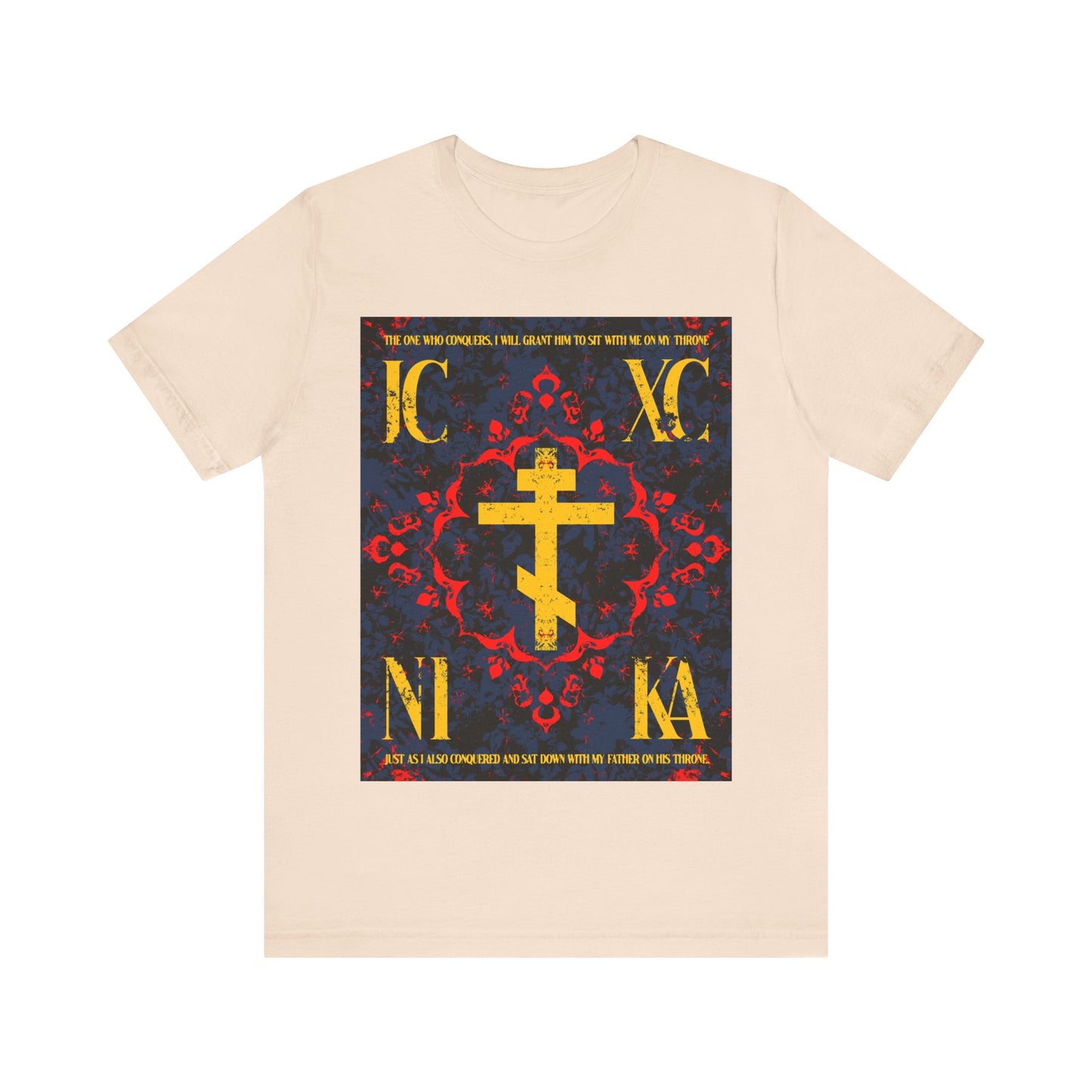 IC XC NIKA Orthodox Cross | Medieval Floral Design | The One Who Conquers (Revelation 3:21) | Orthodox Christian T-Shirt