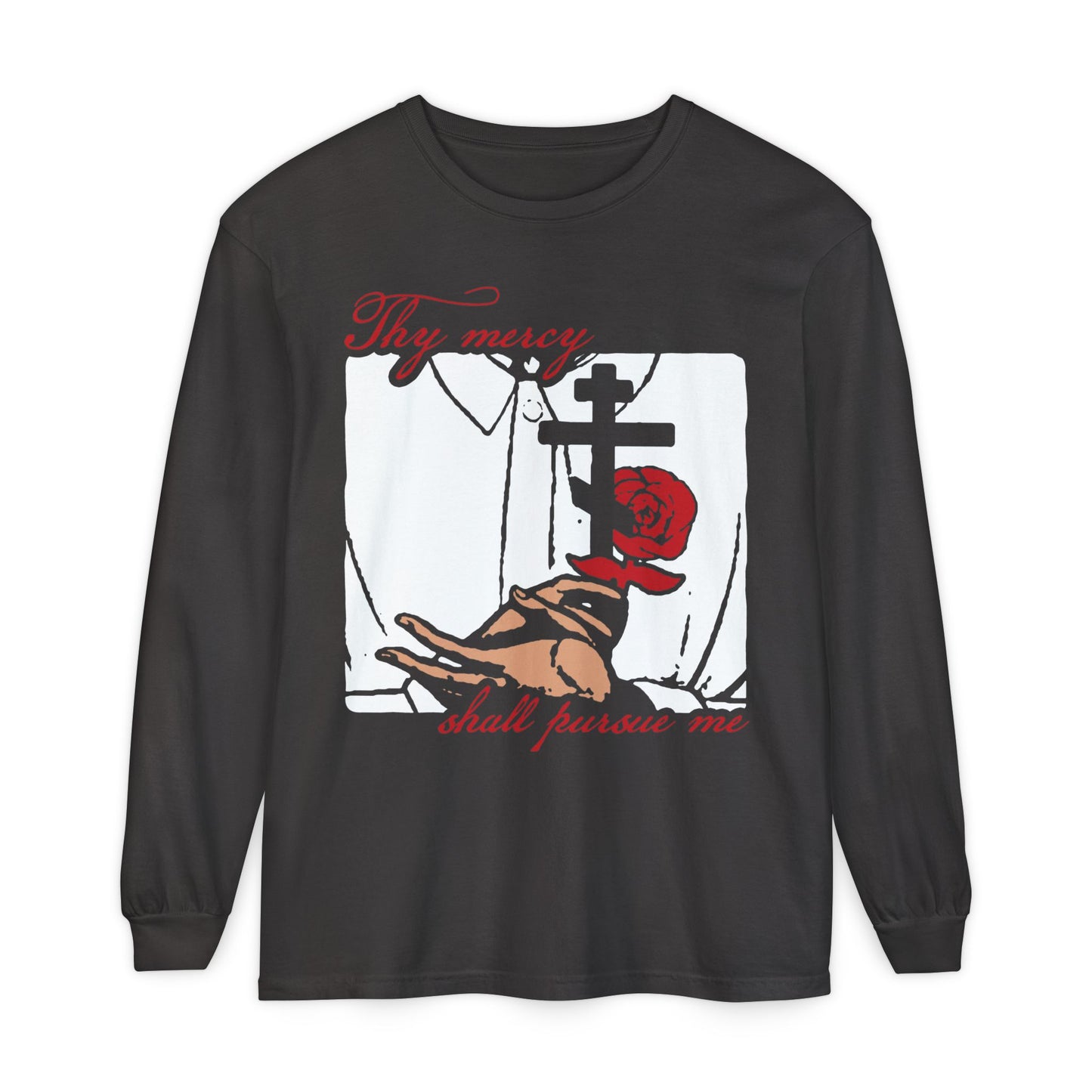 Thy Mercy Shall Pursue Me - Psalm 22 (23) | Orthodox Martyr's Cross and Rose Icono-Graphic Style | Orthodox Christian Long Sleeve Cotton Shirt